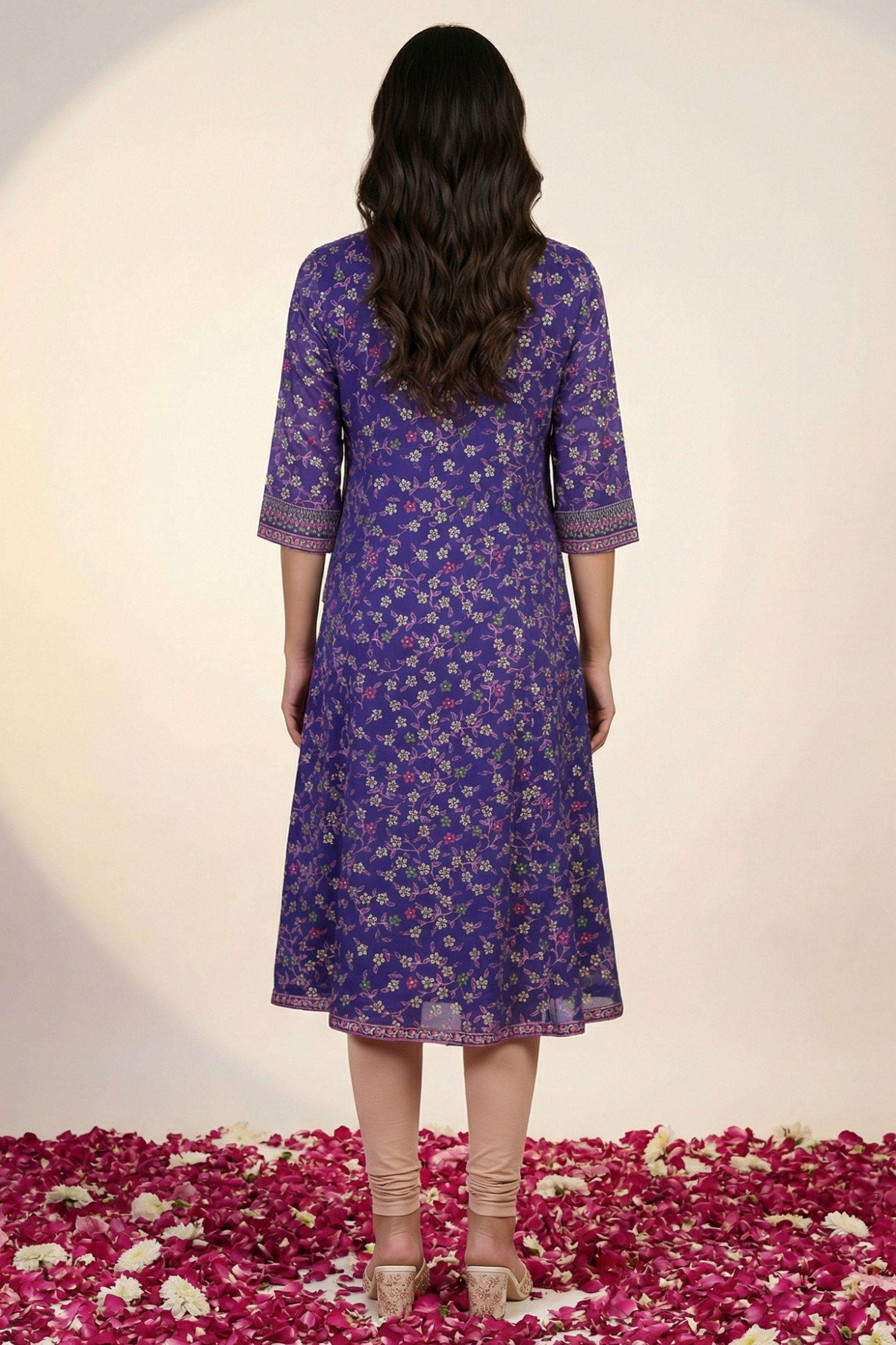 Floral-Blended-Fabric-V-Neck-Women-s-Festive-Wear-Kurta