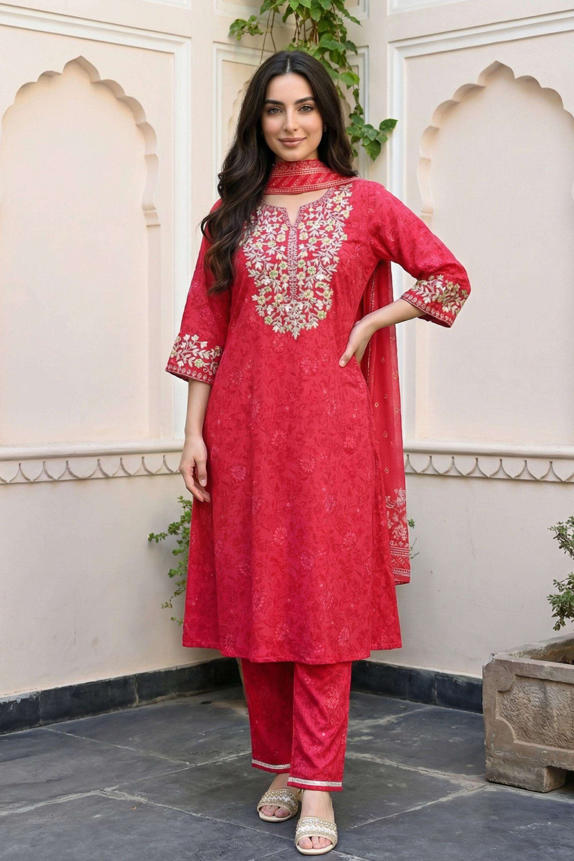 Floral-Crepe-Round-Neck-Women-Kurta-with-Pant-and-Dupatta