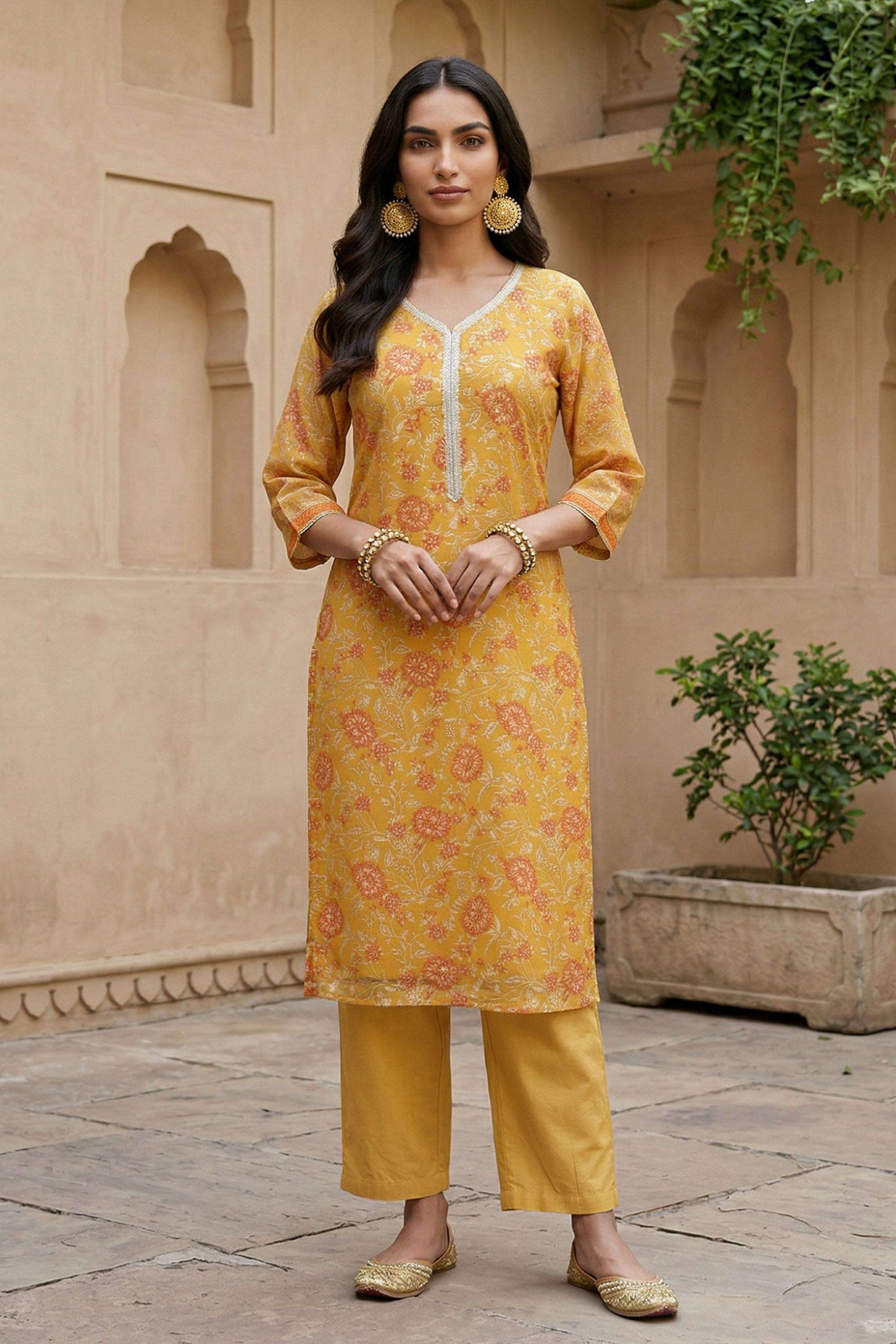 Floral-Blended-Fabric-V-Neck-Women-Kurta