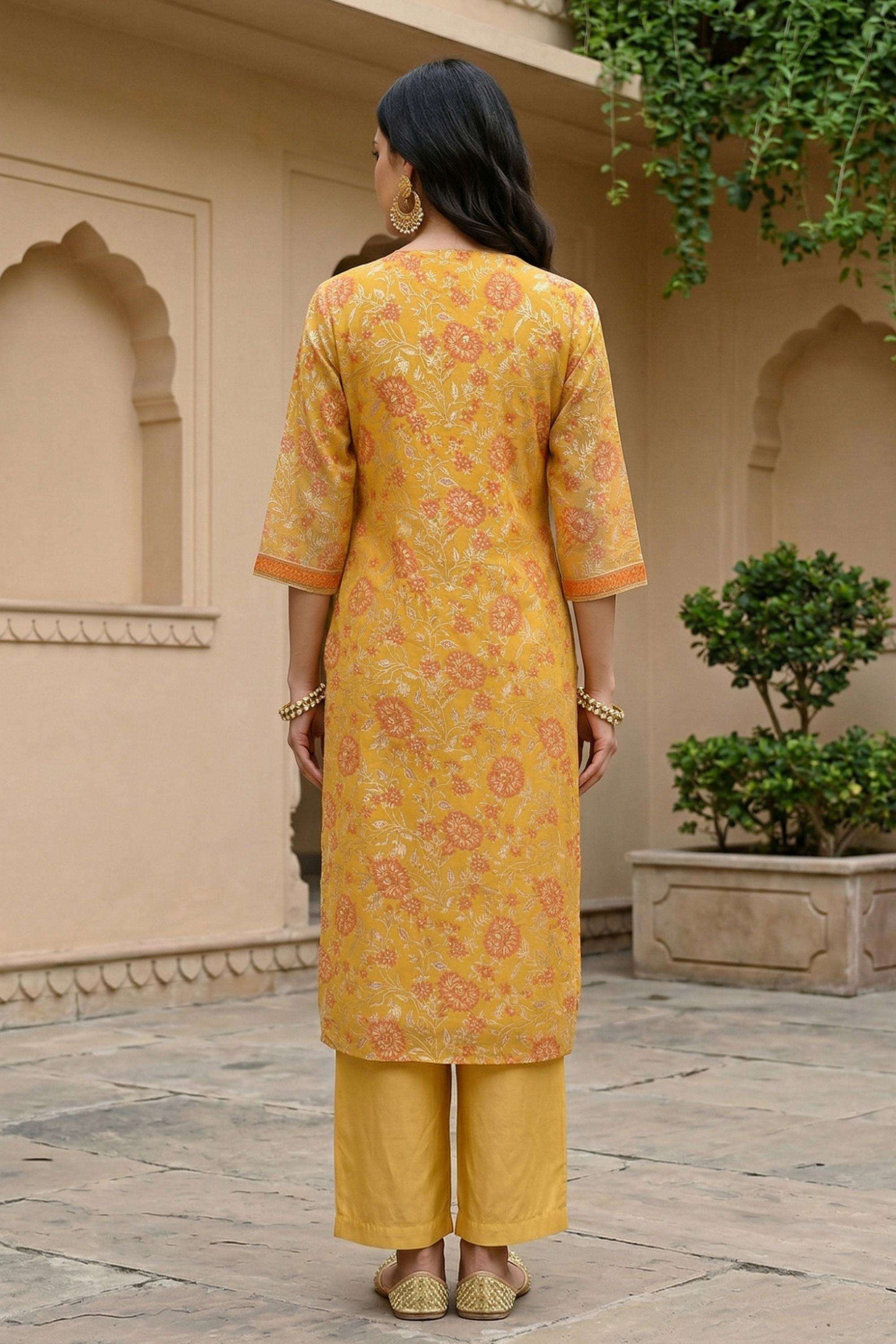 Floral-Blended-Fabric-V-Neck-Women-Kurta