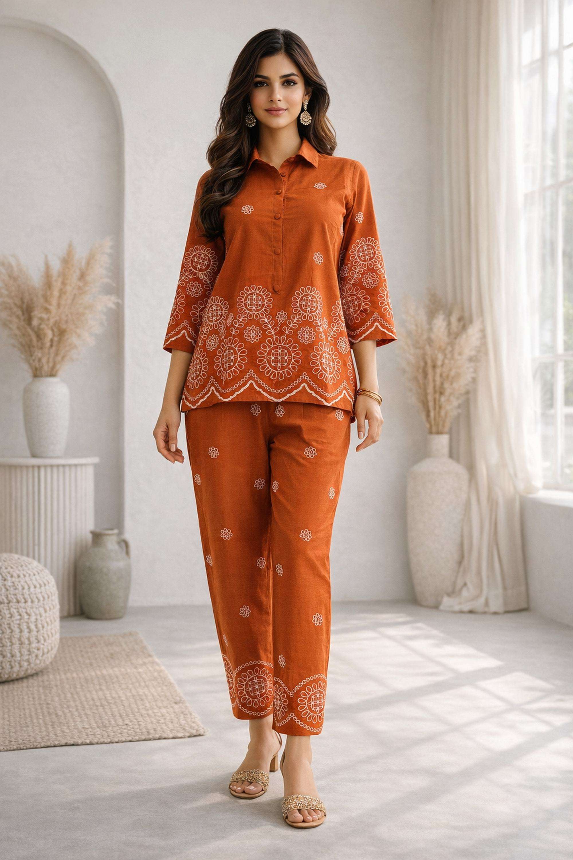 Embroidered-Collared-Cotton-Blend-Women-Tunic-with-Pant