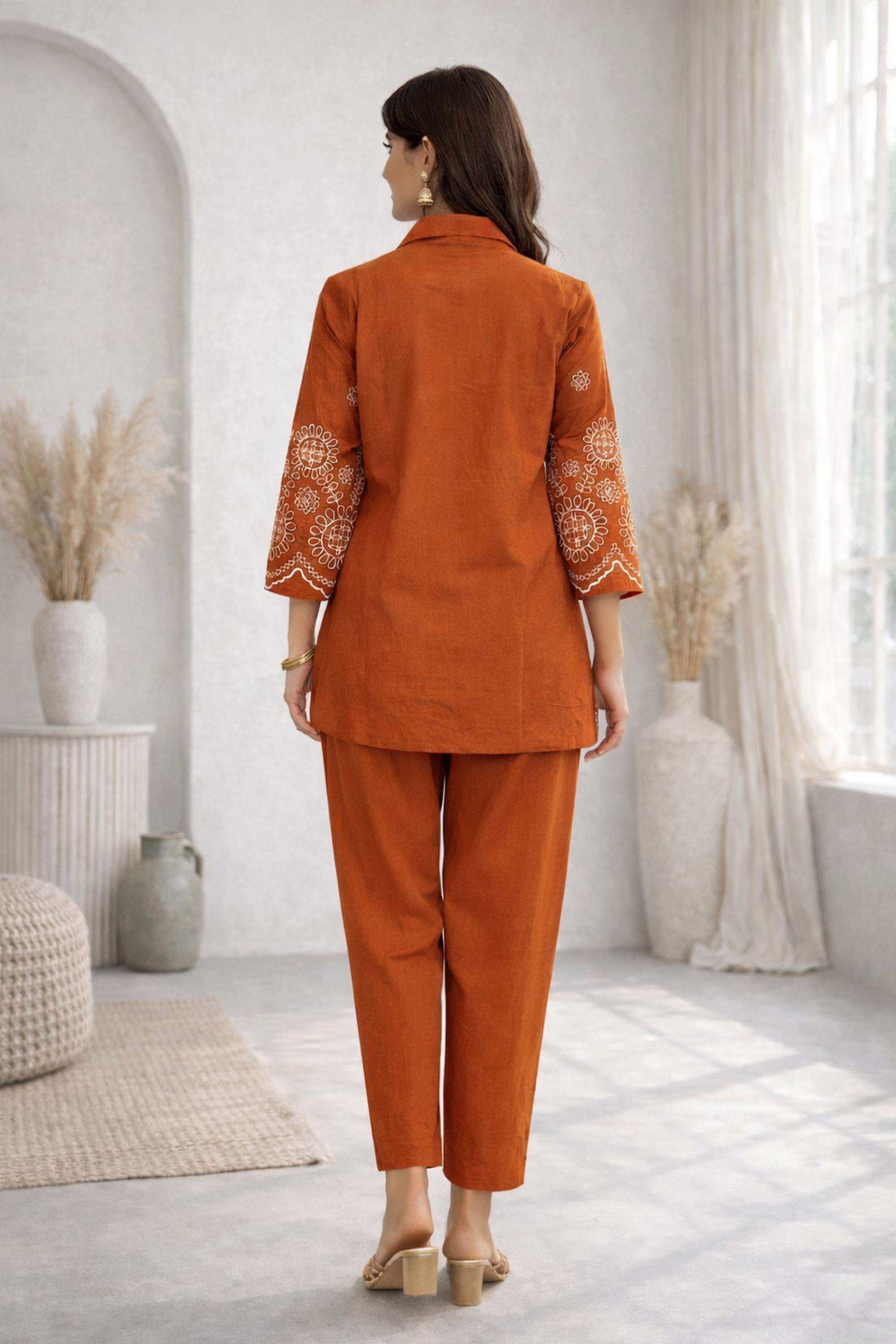 Embroidered-Collared-Cotton-Blend-Women-Tunic-with-Pant