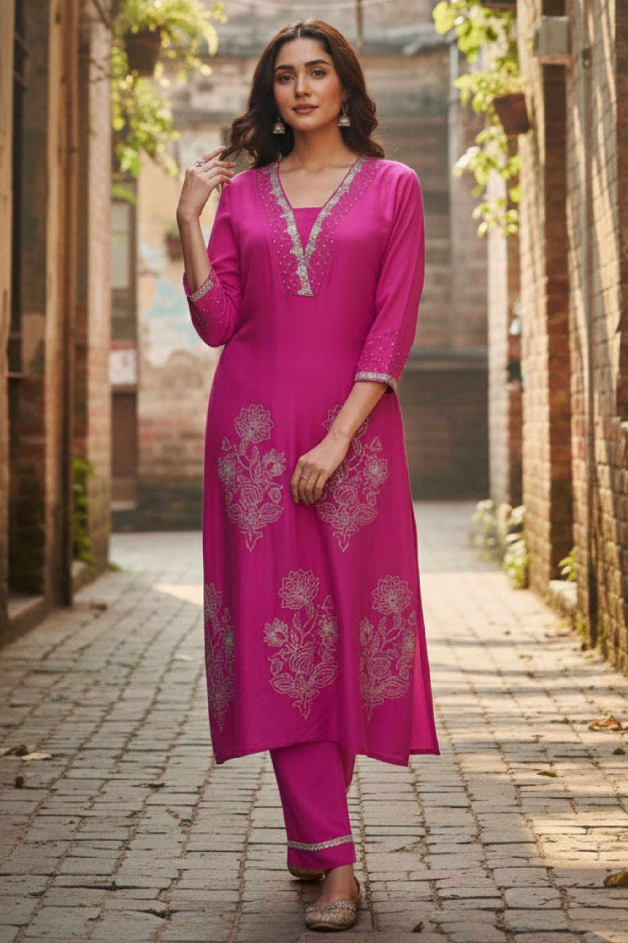 Embellished-V-Neck-Cotton-Blend-Women-Kurta-with-Pant-and-Dupatta