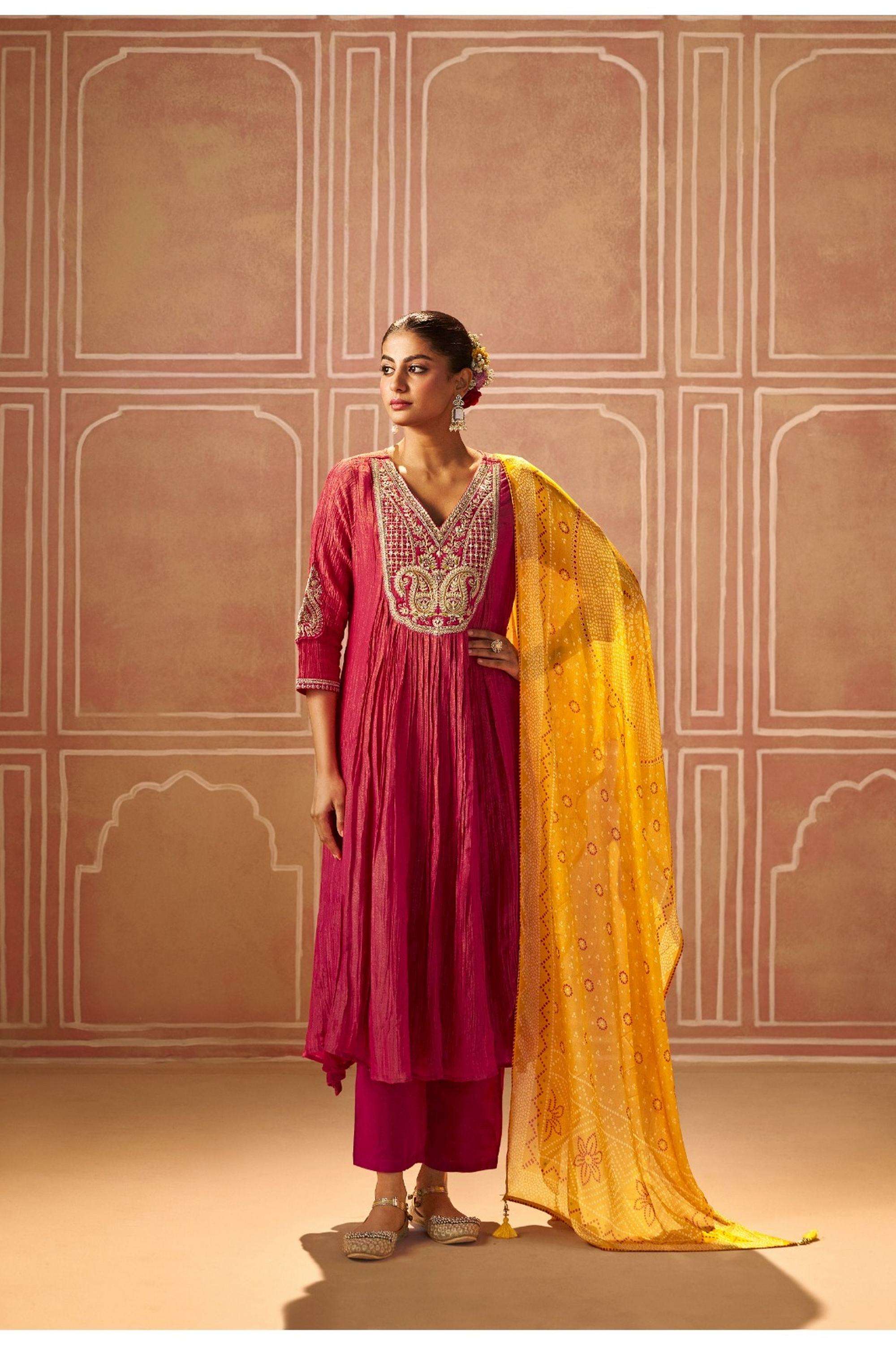 Embellished-Blended-Fabric-V-Neck-Women-Kurta-with-Pant-and-Dupatta