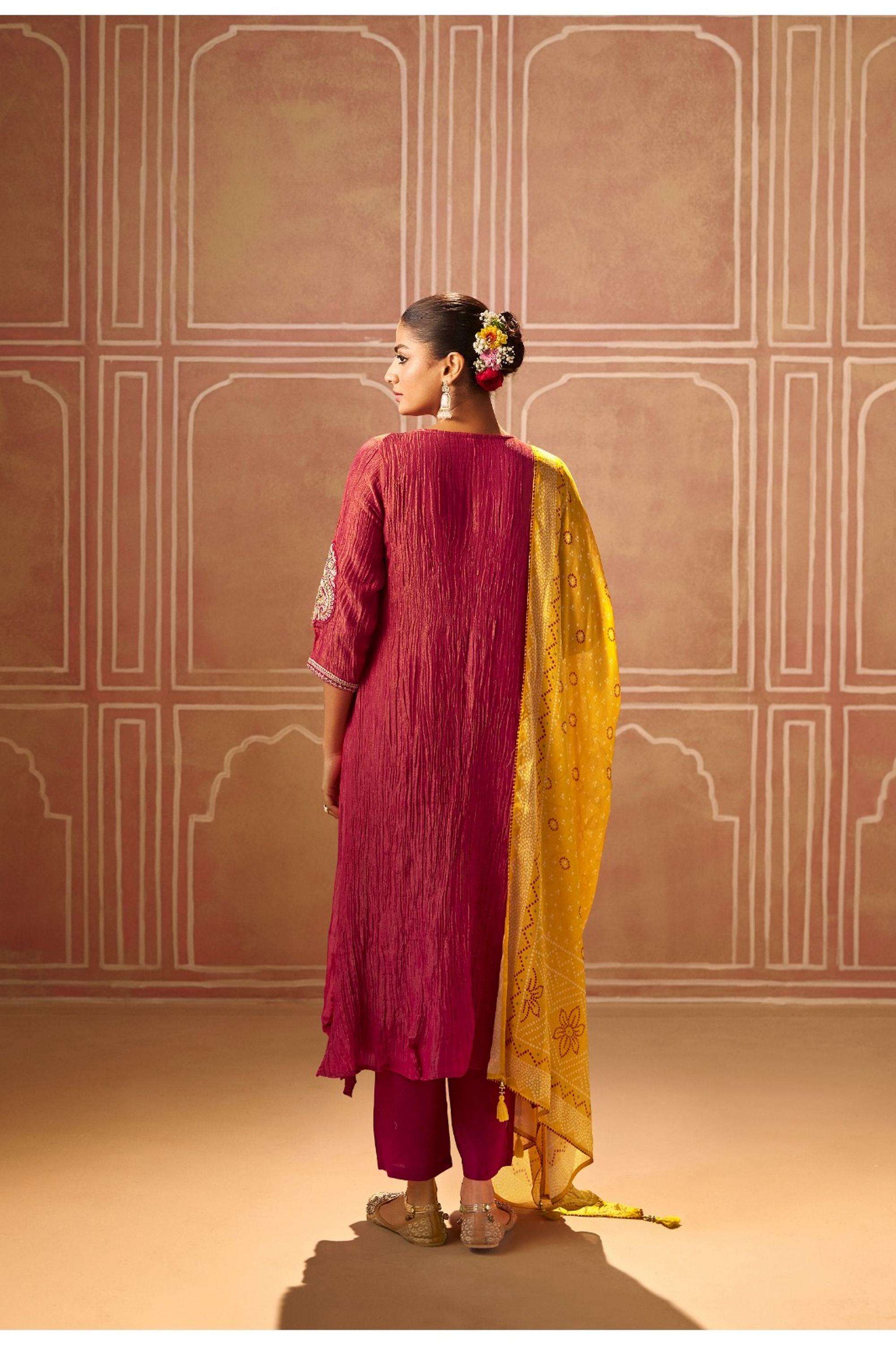 Embellished-Blended-Fabric-V-Neck-Women-Kurta-with-Pant-and-Dupatta