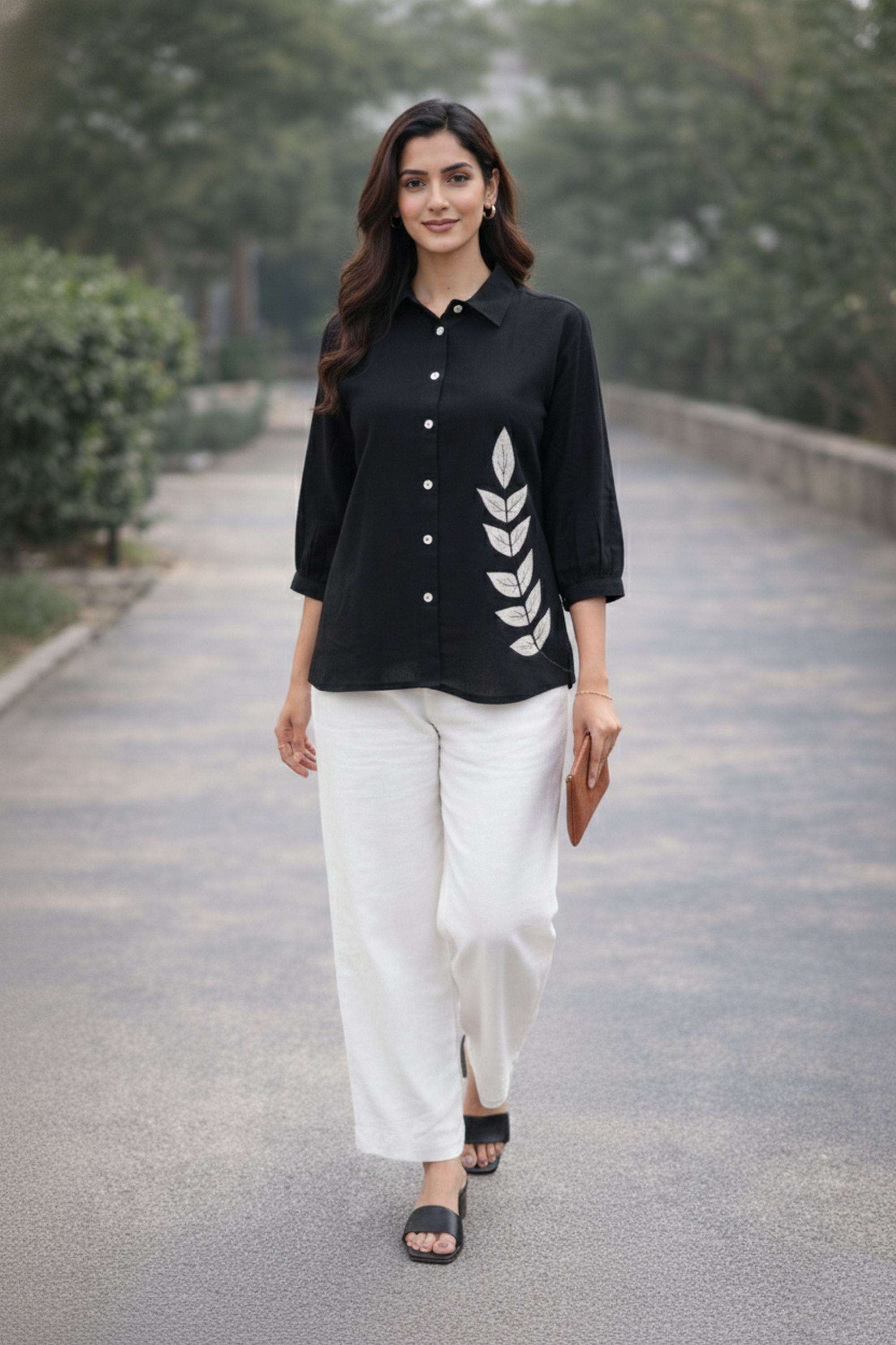 Embroidered-Collared-Cotton-Women-Casual-Wear-Shirt