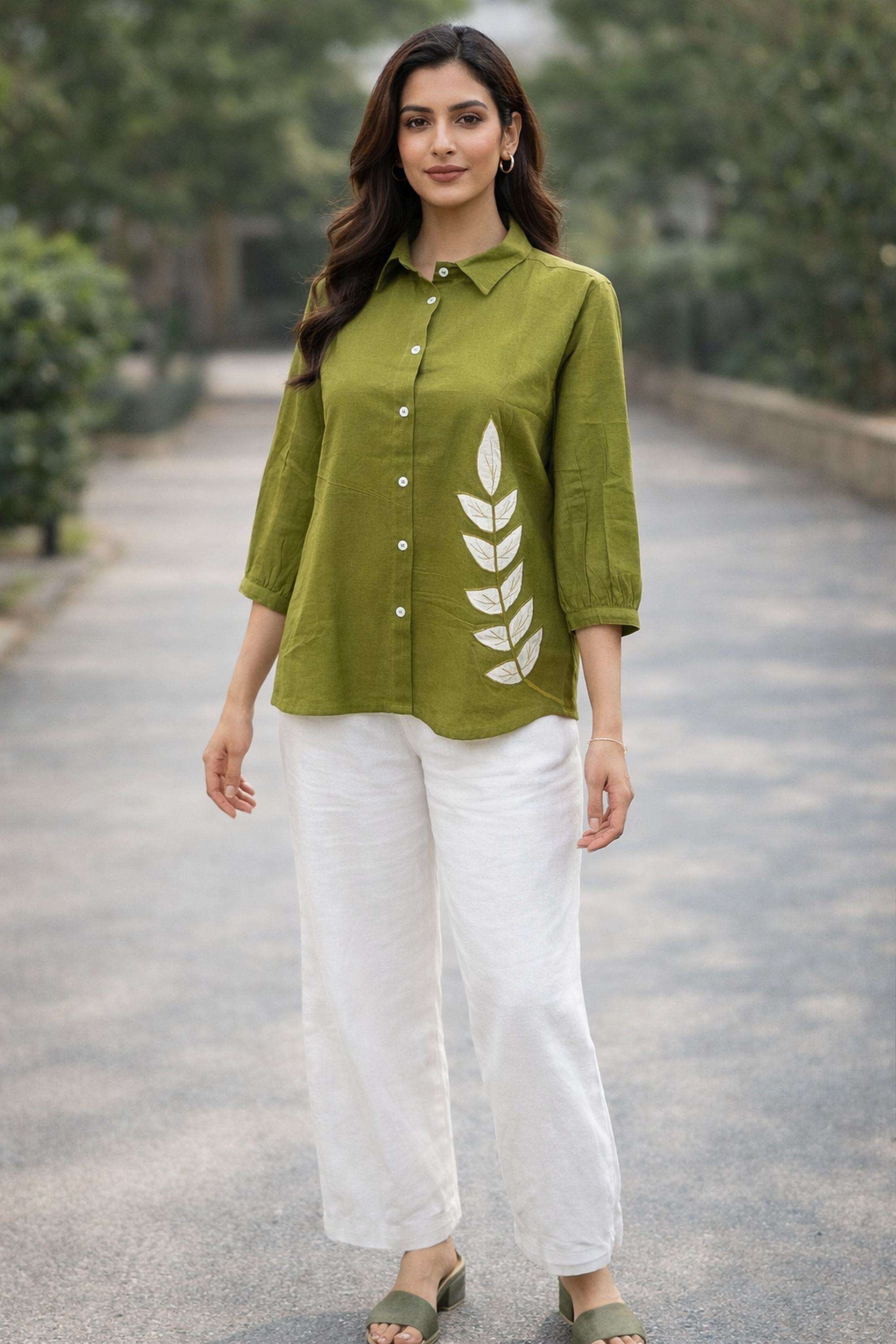 Embroidered-Collared-Cotton-Women-Casual-Wear-Shirt