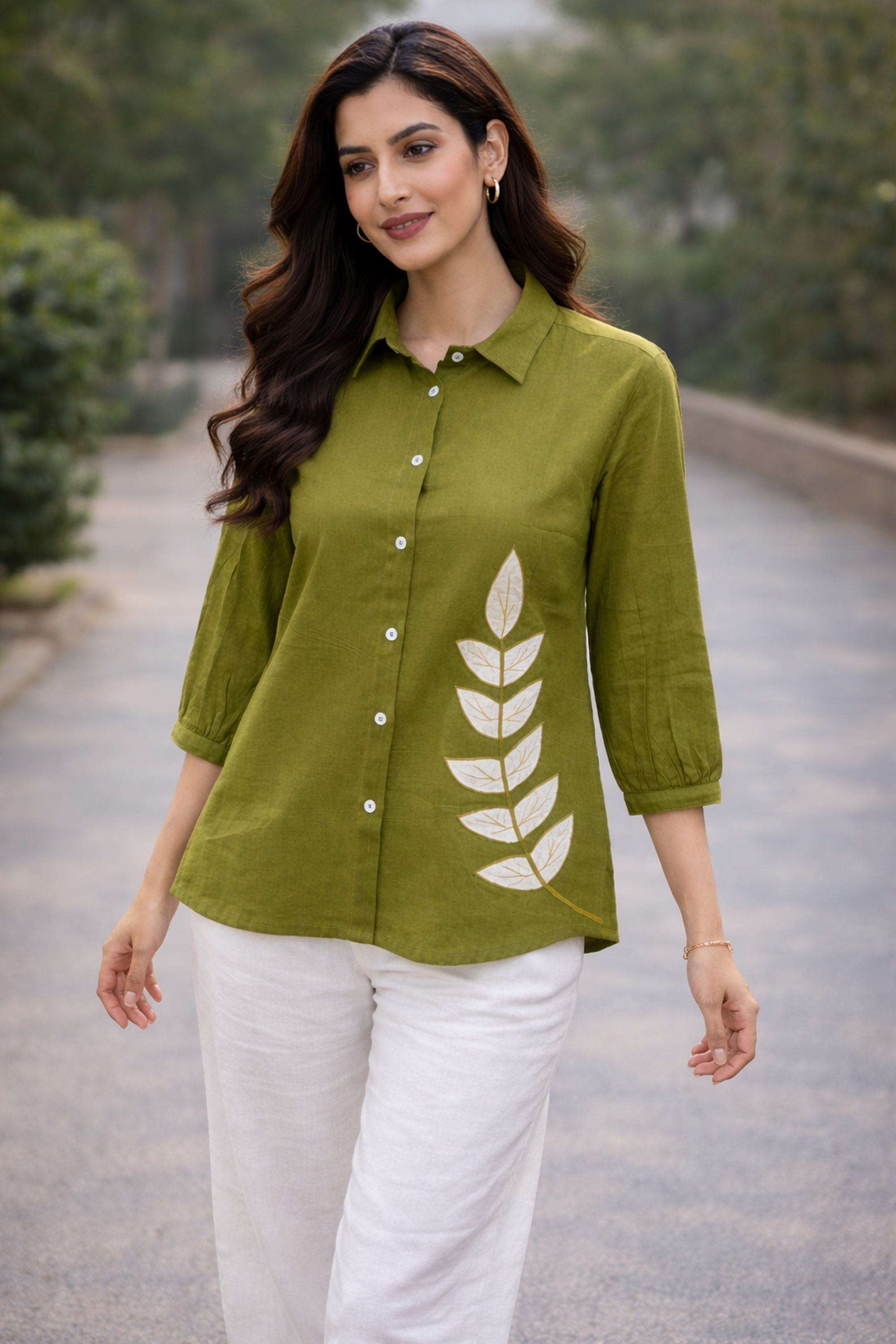 Embroidered-Collared-Cotton-Women-Casual-Wear-Shirt