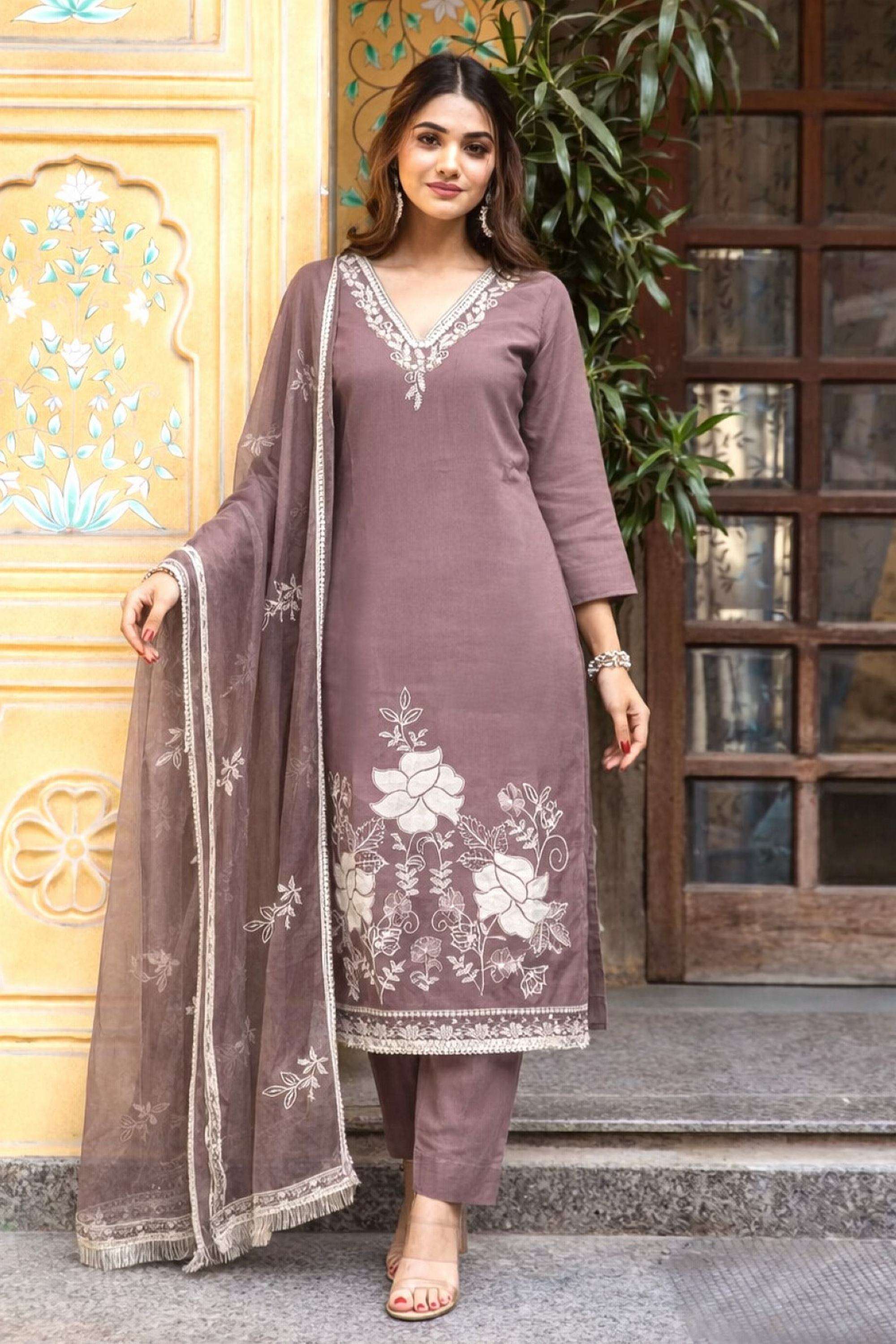 Embroidered-Cotton-Blend-V-Neck-Women-Kurta-with-Pant-and-Dupatta