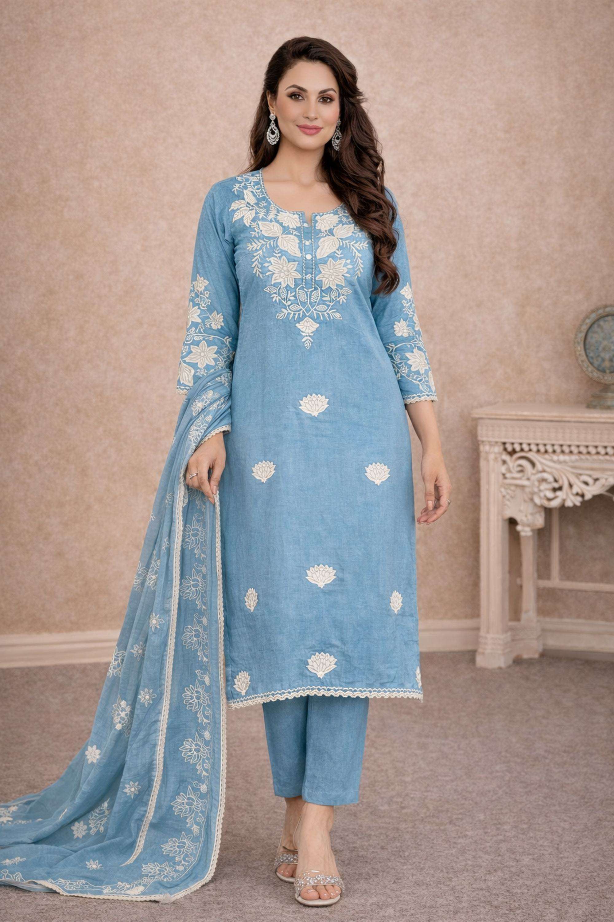 Embroidered-Cotton-Blend-Scoop-Neck-Women-Kurta-with-Pant-and-Dupatta