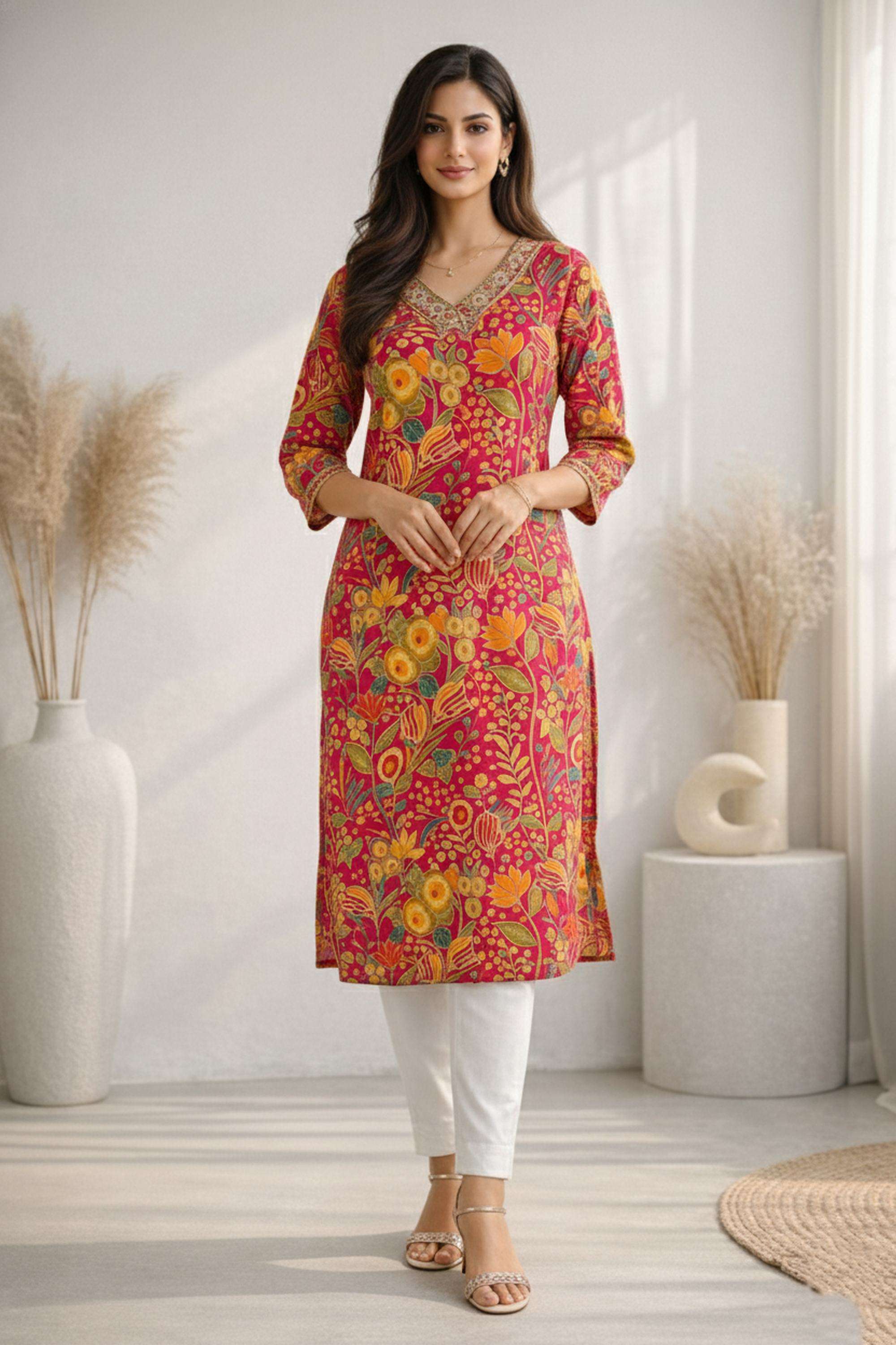 Floral-Cotton-Blend-V-Neck-Women-Festive-Wear-Kurta