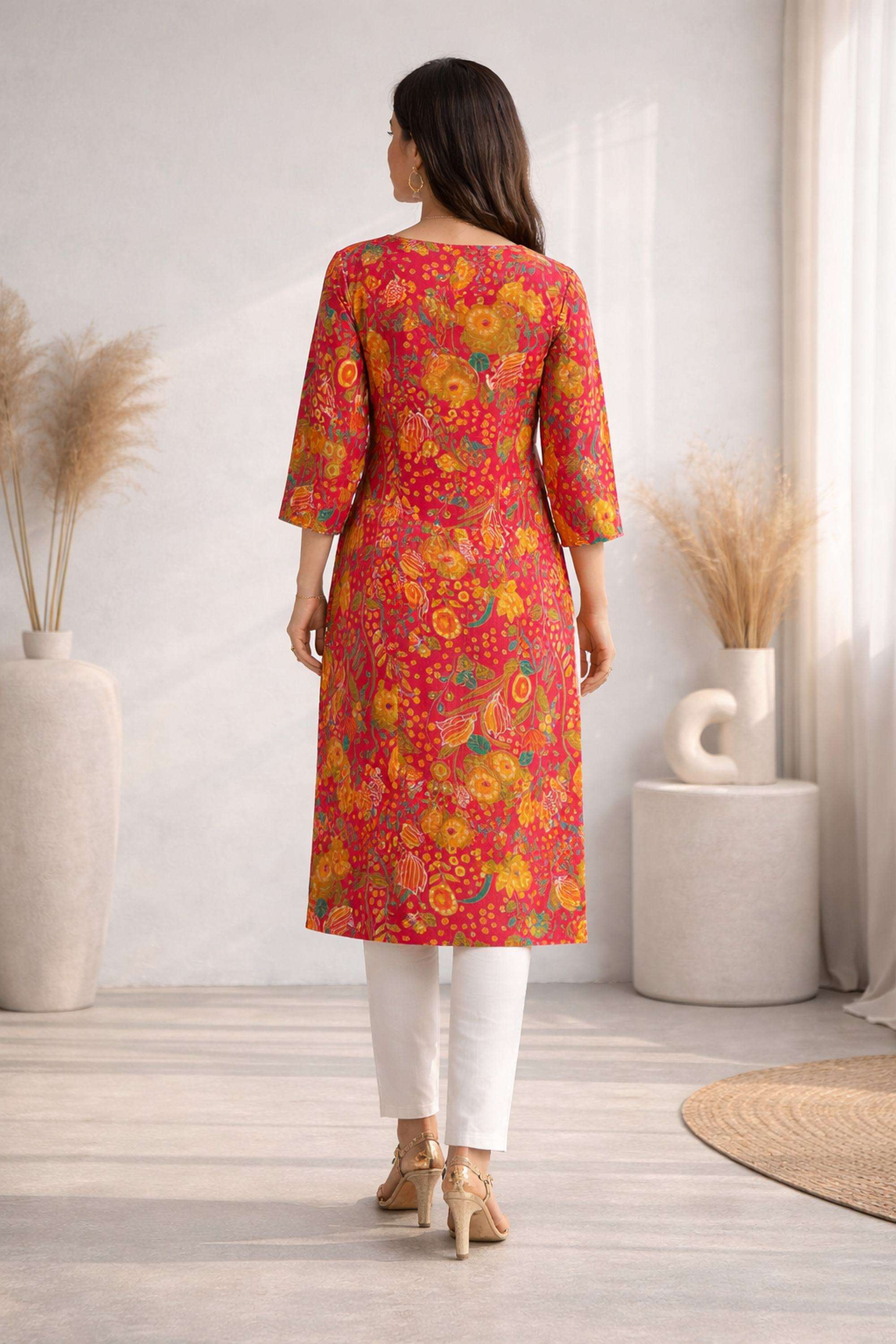 Floral-Cotton-Blend-V-Neck-Women-Festive-Wear-Kurta