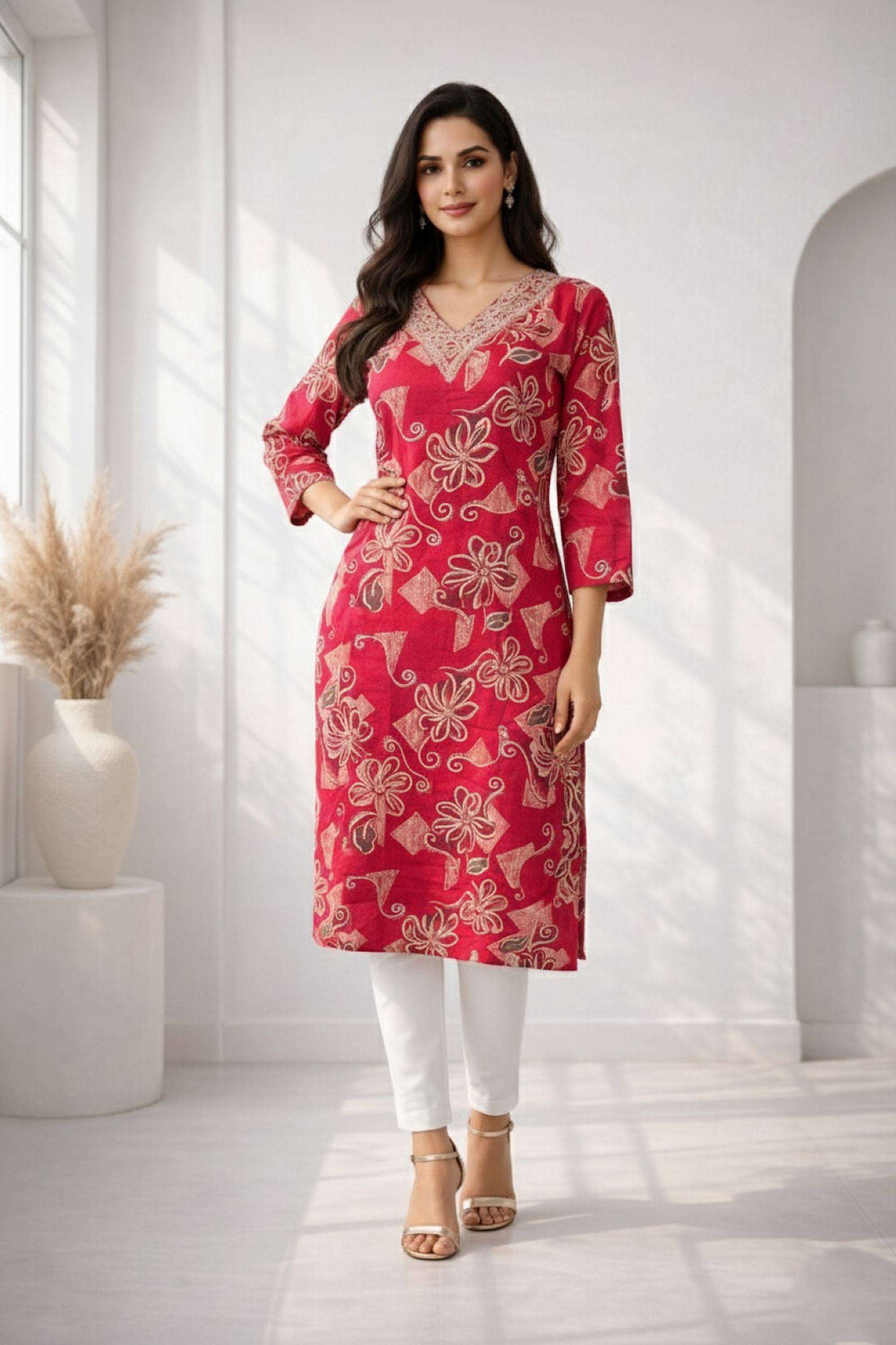 Floral-Cotton-Blend-V-Neck-Women-Festive-Wear-Kurta
