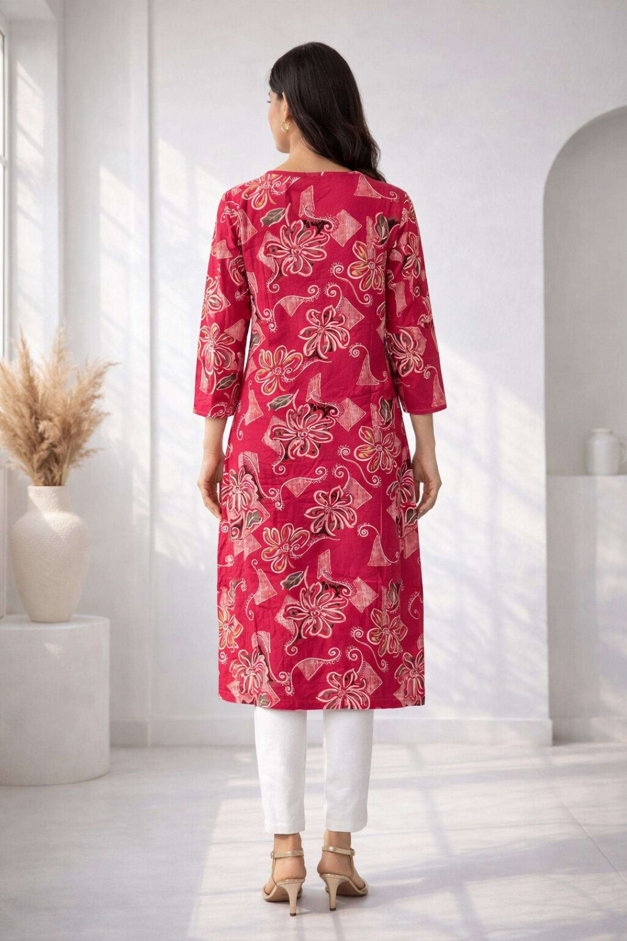 Floral-Cotton-Blend-V-Neck-Women-Festive-Wear-Kurta