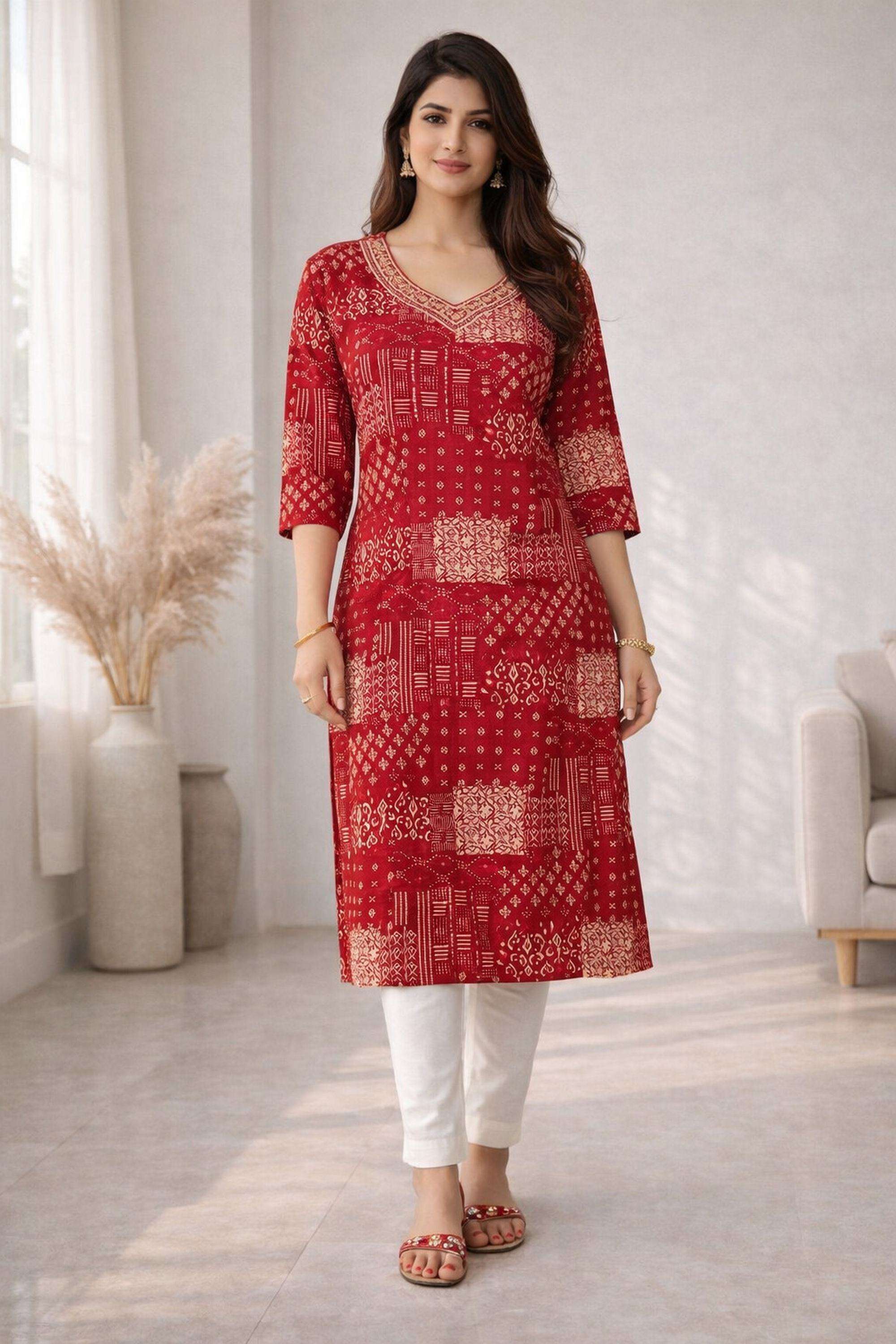 Printed-Cotton-Blend-V-Neck-Women-Festive-Wear-Kurta