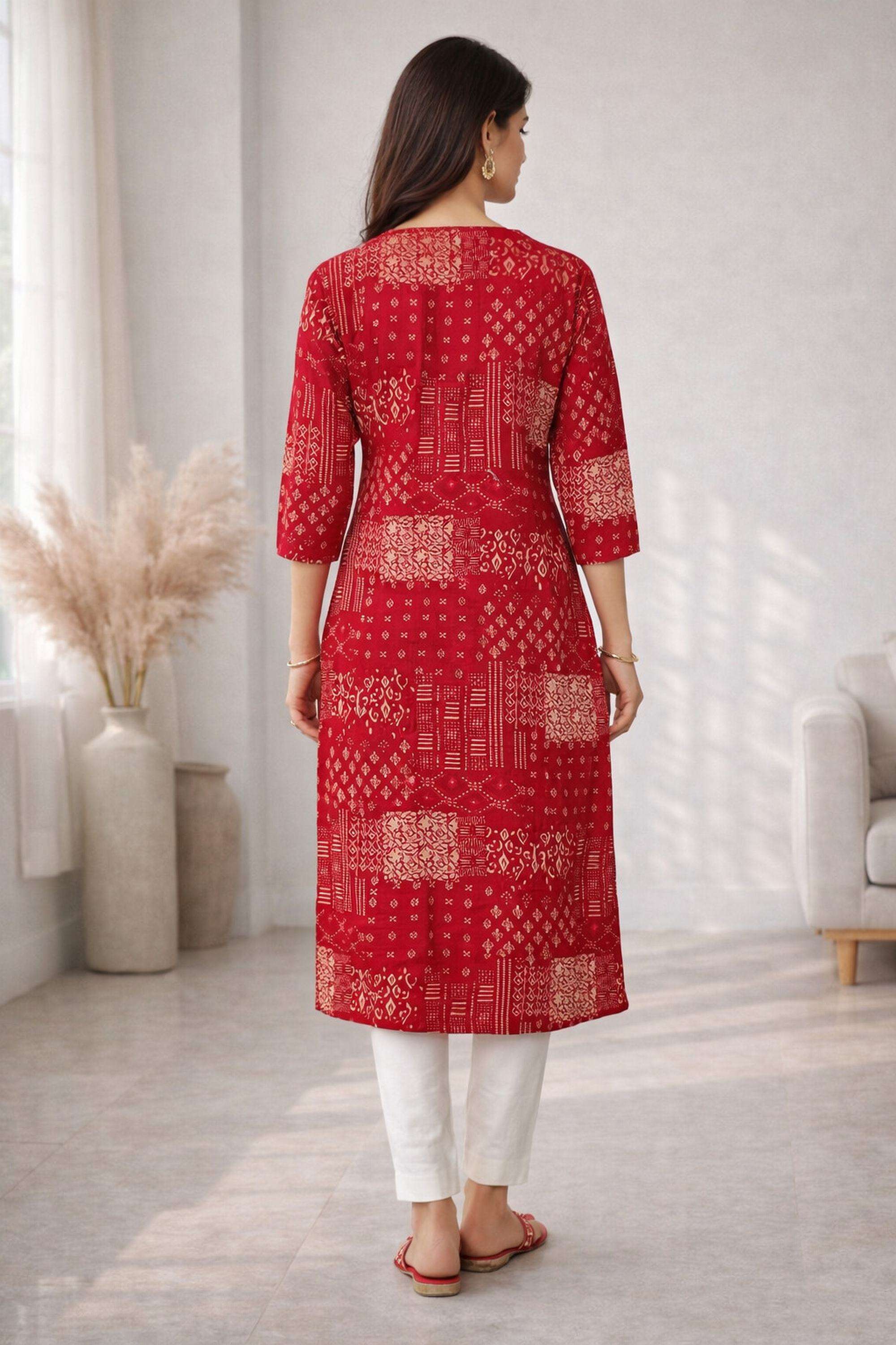 Printed-Cotton-Blend-V-Neck-Women-Festive-Wear-Kurta