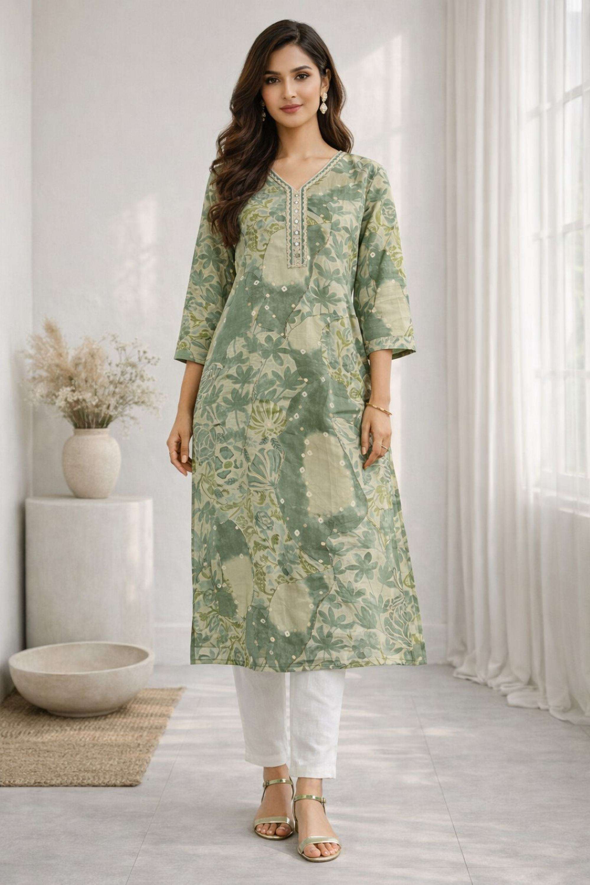 Floral-Cotton-Blend-V-Neck-Women-Festive-Wear-Kurta