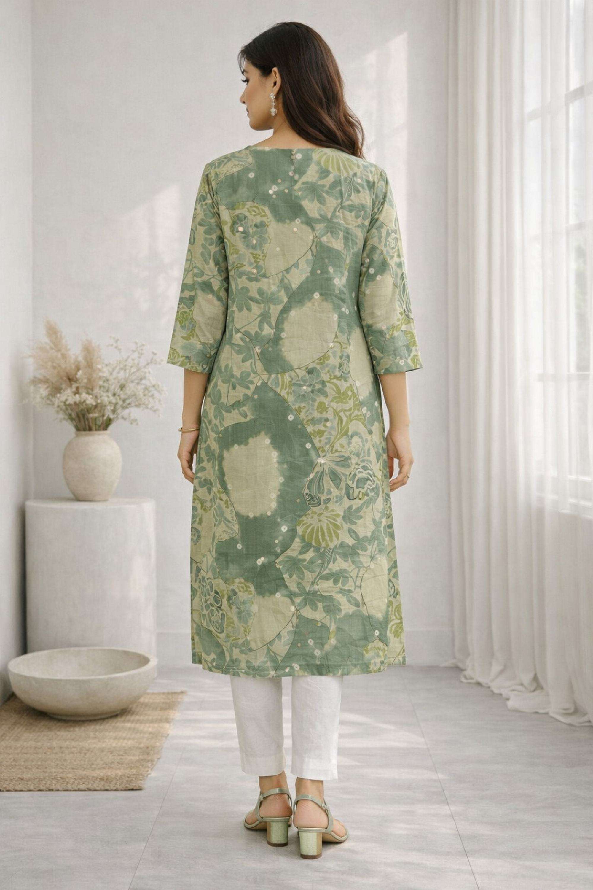 Floral-Cotton-Blend-V-Neck-Women-Kurta