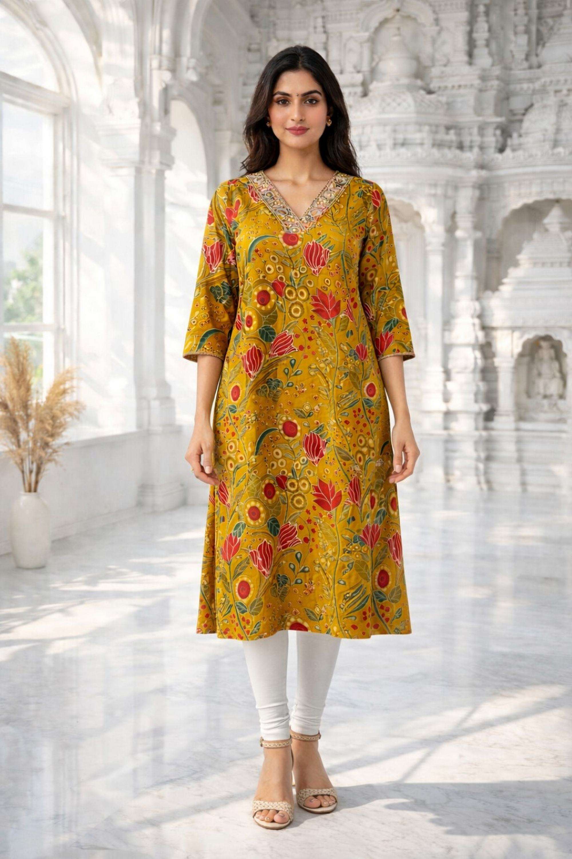 Floral-Cotton-Blend-V-Neck-Women-Festive-Wear-Kurta