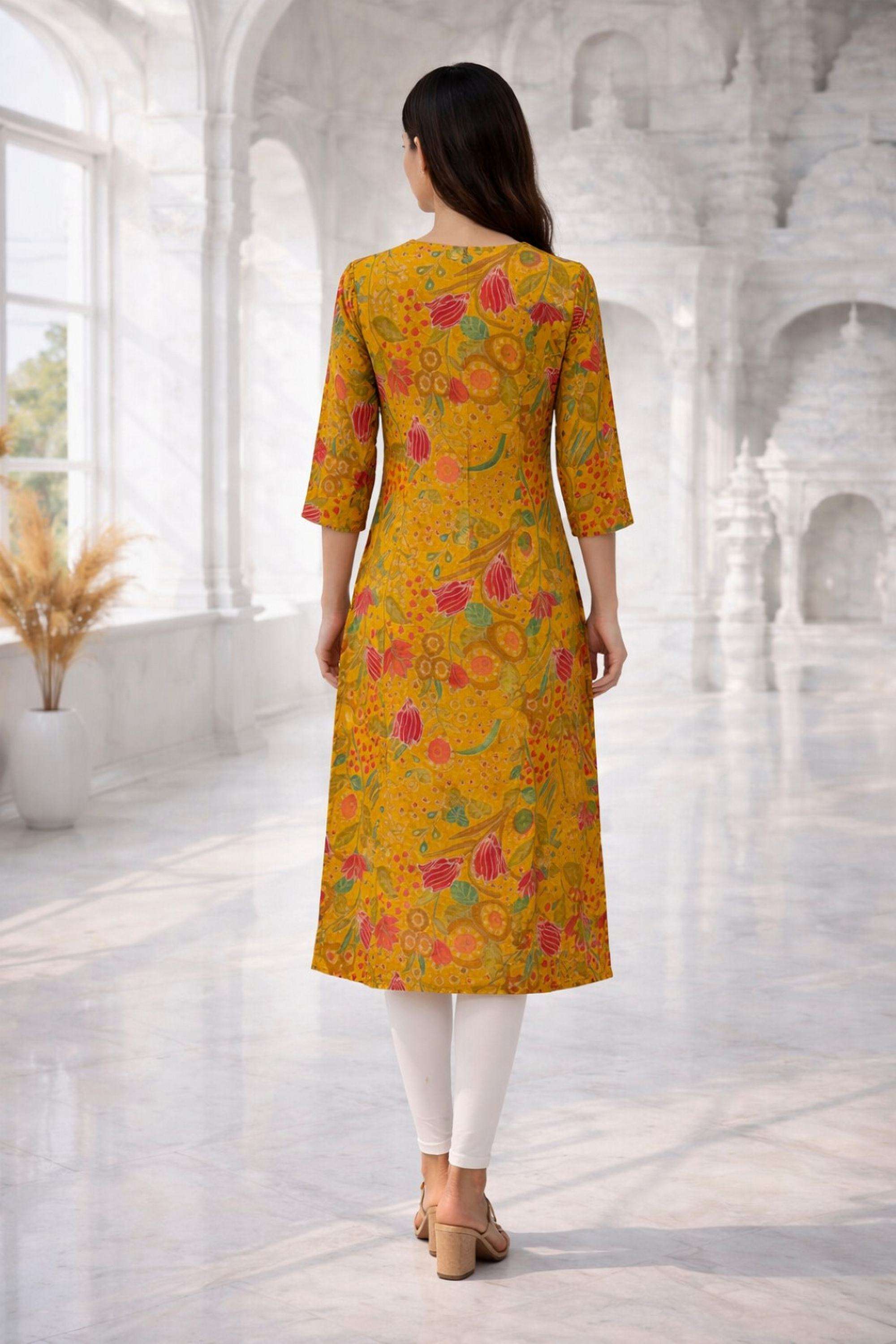 Floral-Cotton-Blend-V-Neck-Women-Festive-Wear-Kurta