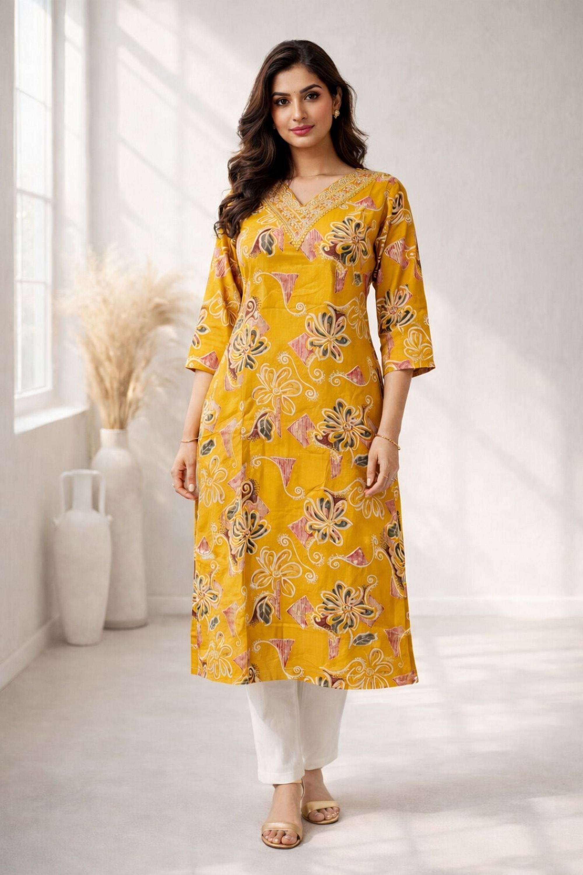 Floral-Cotton-Blend-V-Neck-Women-Festive-Wear-Kurta