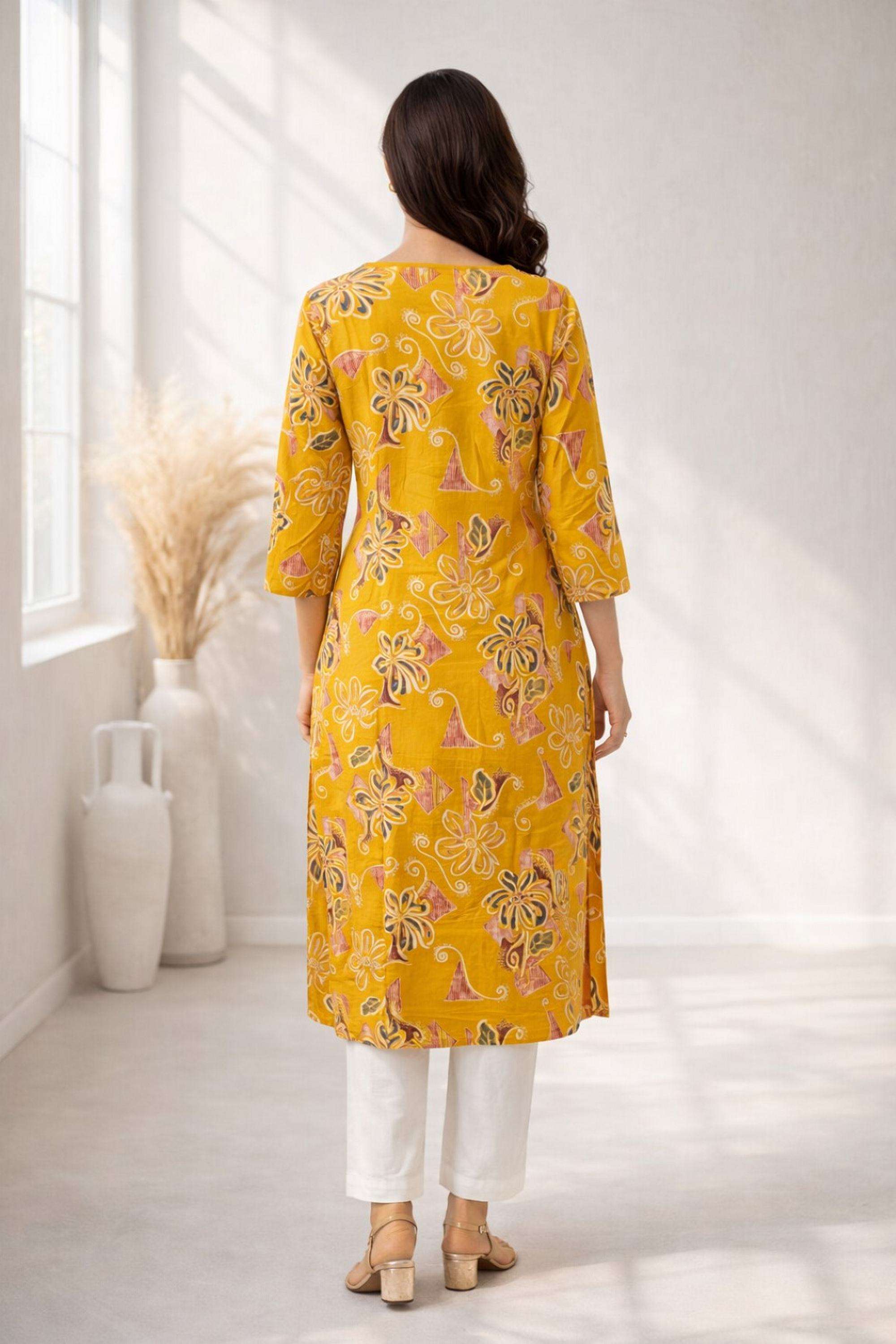 Floral-Cotton-Blend-V-Neck-Women-Festive-Wear-Kurta
