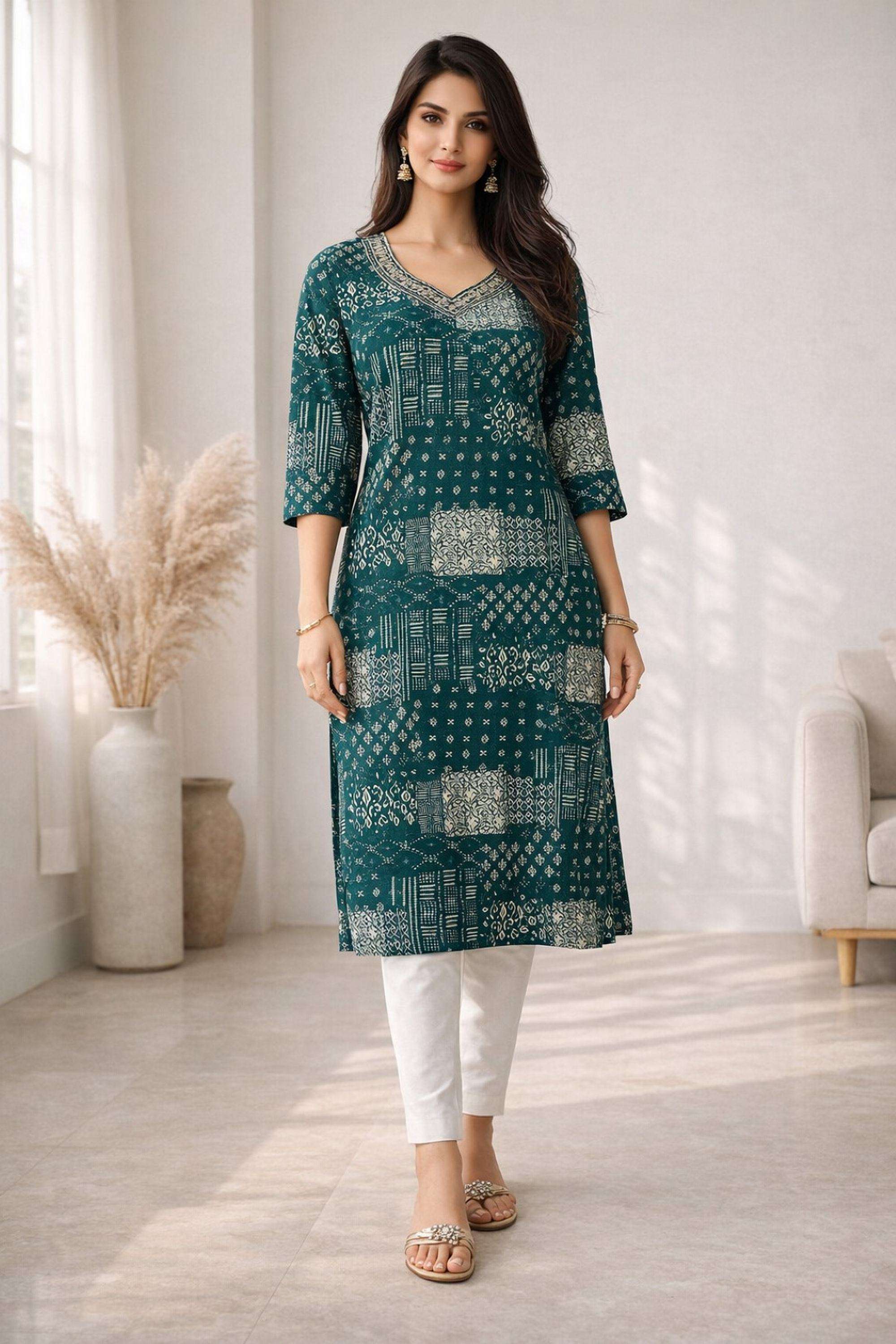Printed-Cotton-Blend-V-Neck-Women-Festive-Wear-Kurta