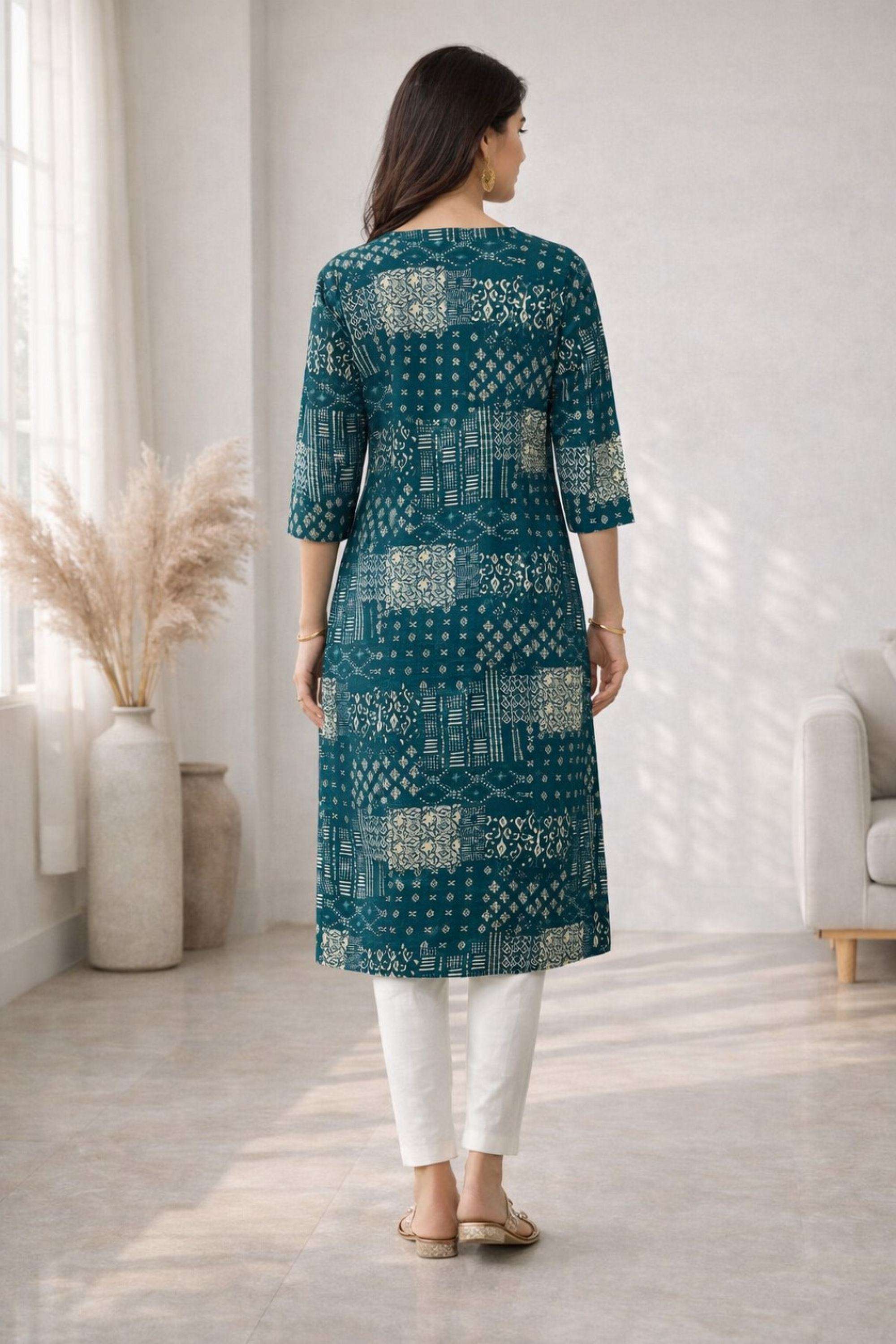 Printed-Cotton-Blend-V-Neck-Women-Festive-Wear-Kurta