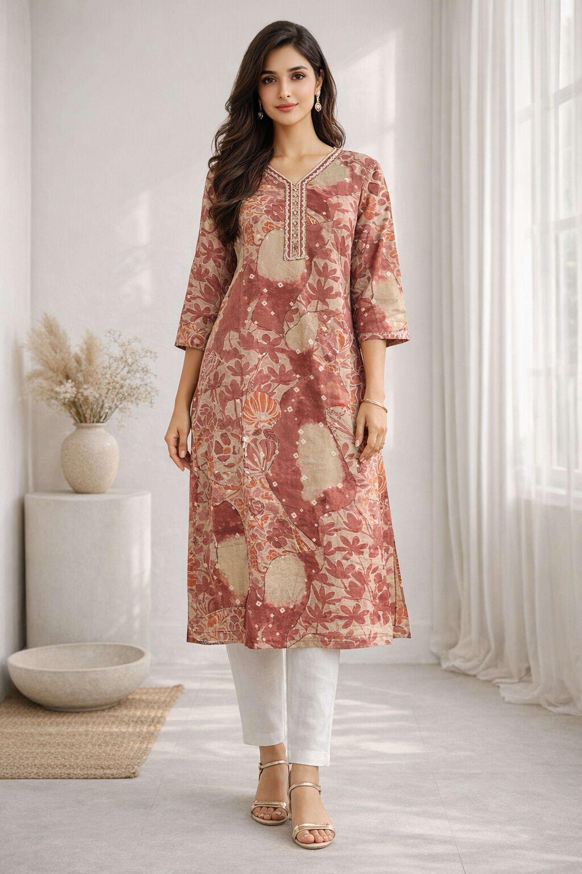 Floral-Cotton-Blend-V-Neck-Women-Festive-Wear-Kurta