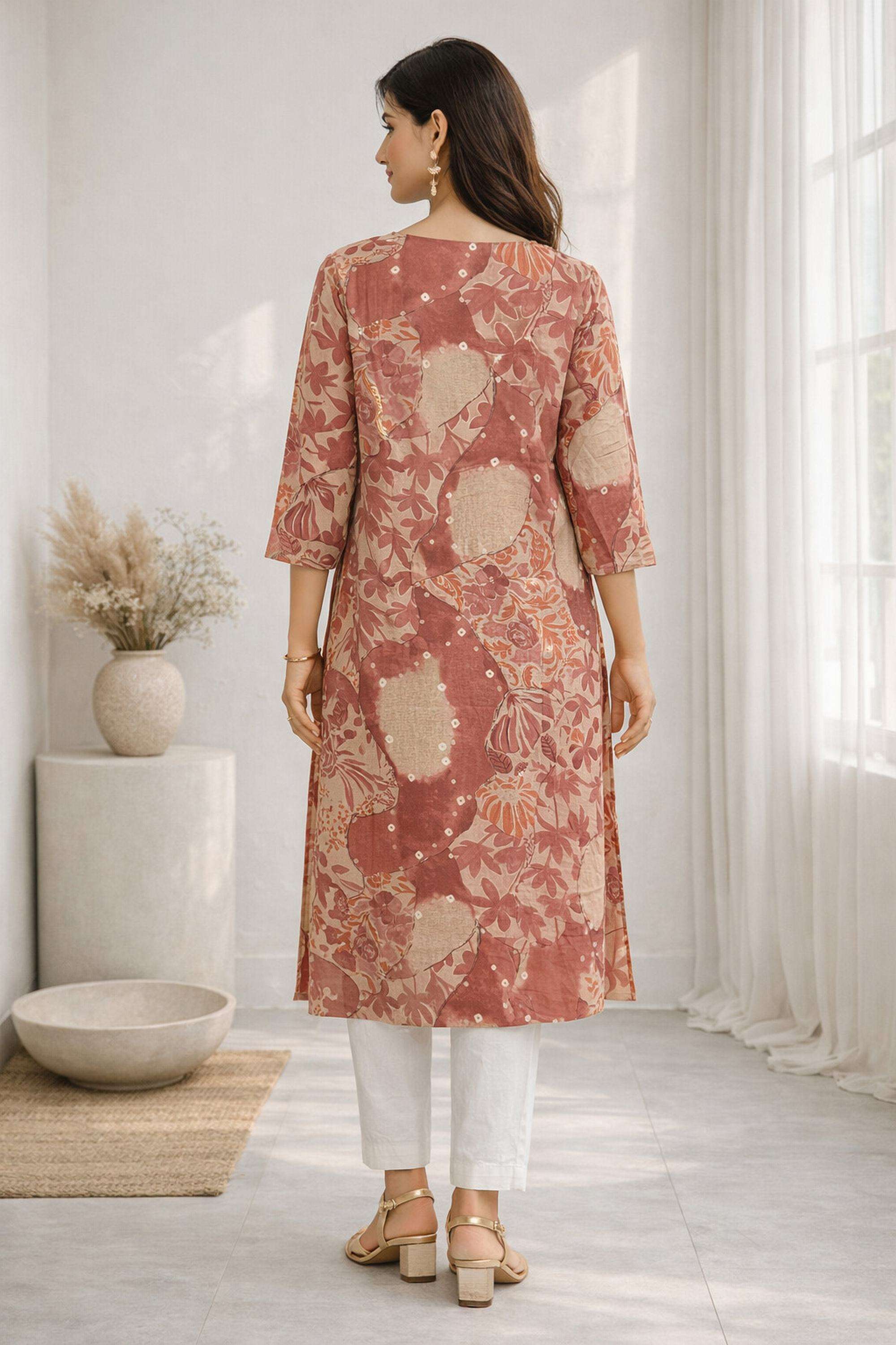 Floral-Cotton-Blend-V-Neck-Women-Festive-Wear-Kurta