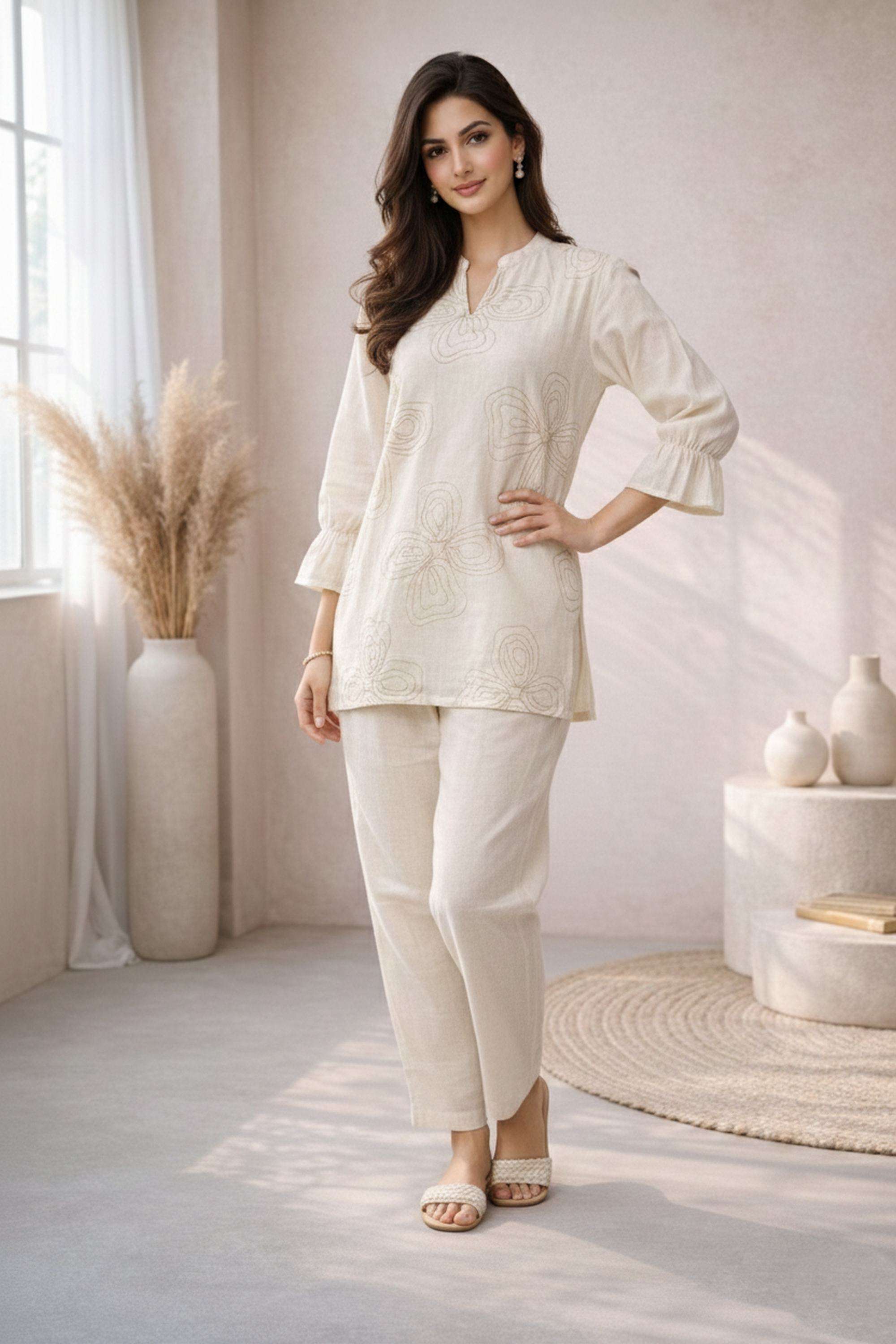 Embroidered-Collared-Blended-Fabric-Women-Kurti-with-Pant