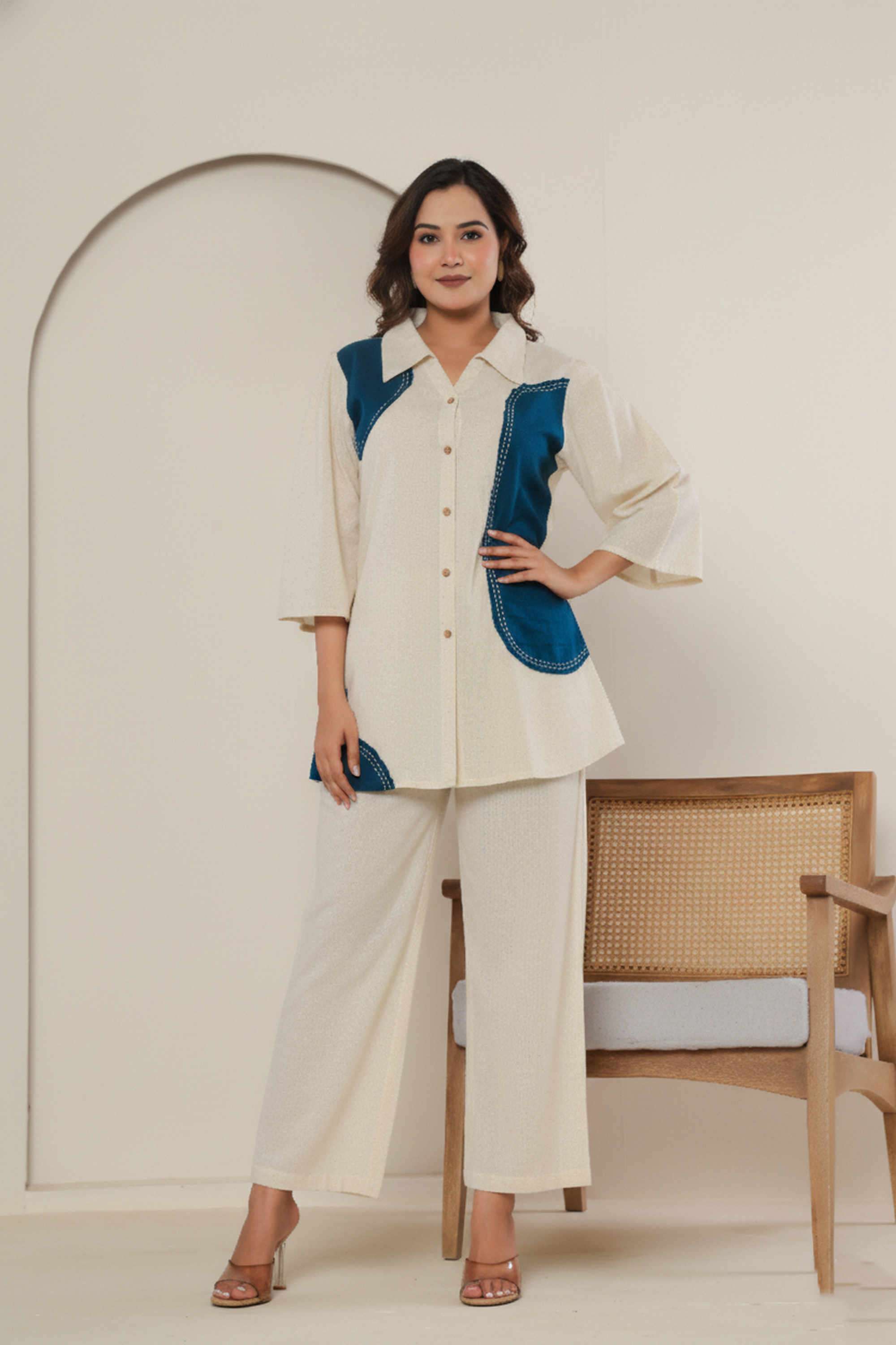 Color-Block-Collared-Blended-Fabric-Women-Tunic-with-Pant