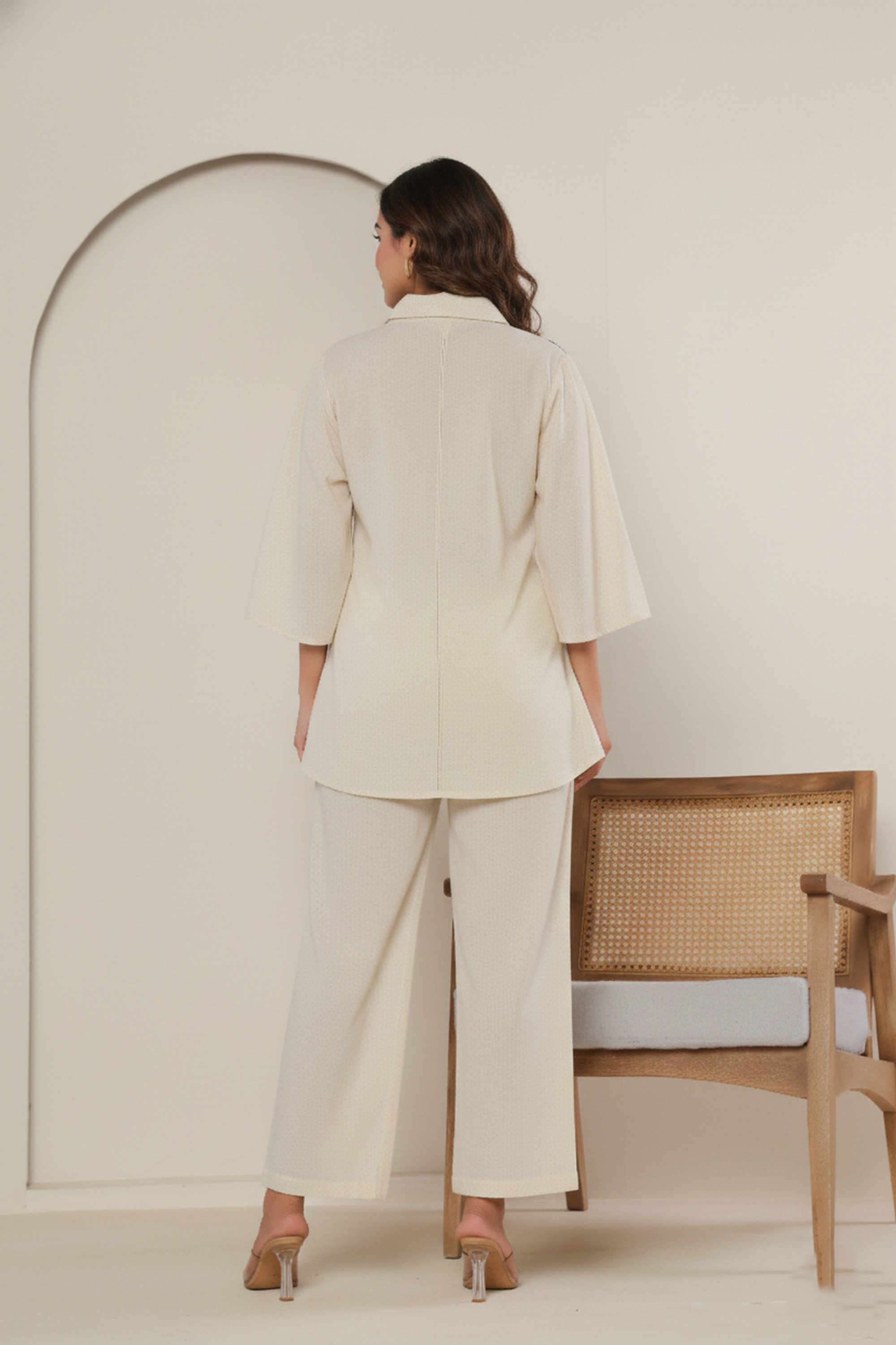 Color-Block-Collared-Blended-Fabric-Women-Tunic-with-Pant