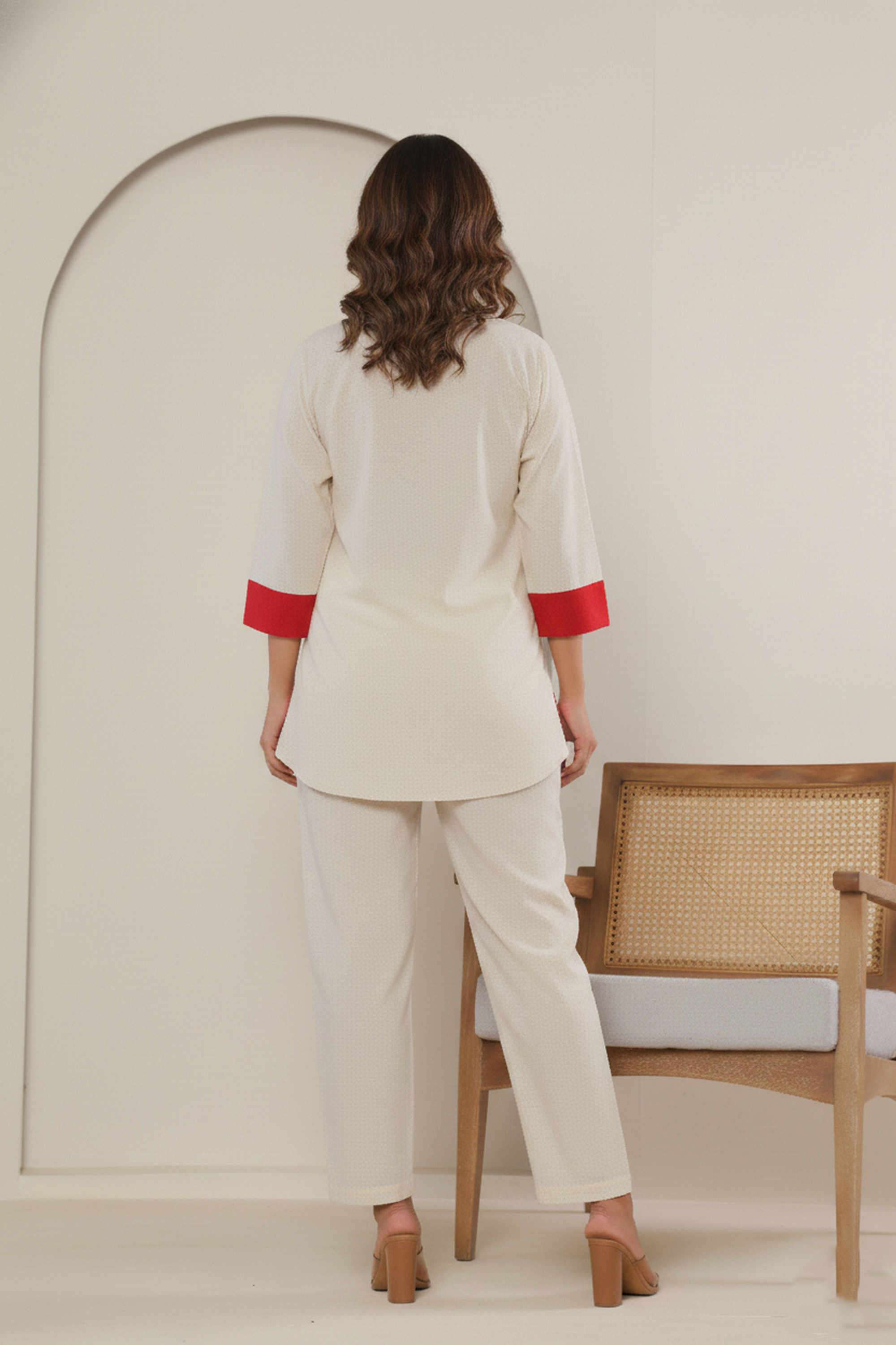 Color-Block-Collared-Blended-Fabric-Women-Tunic-with-Pant