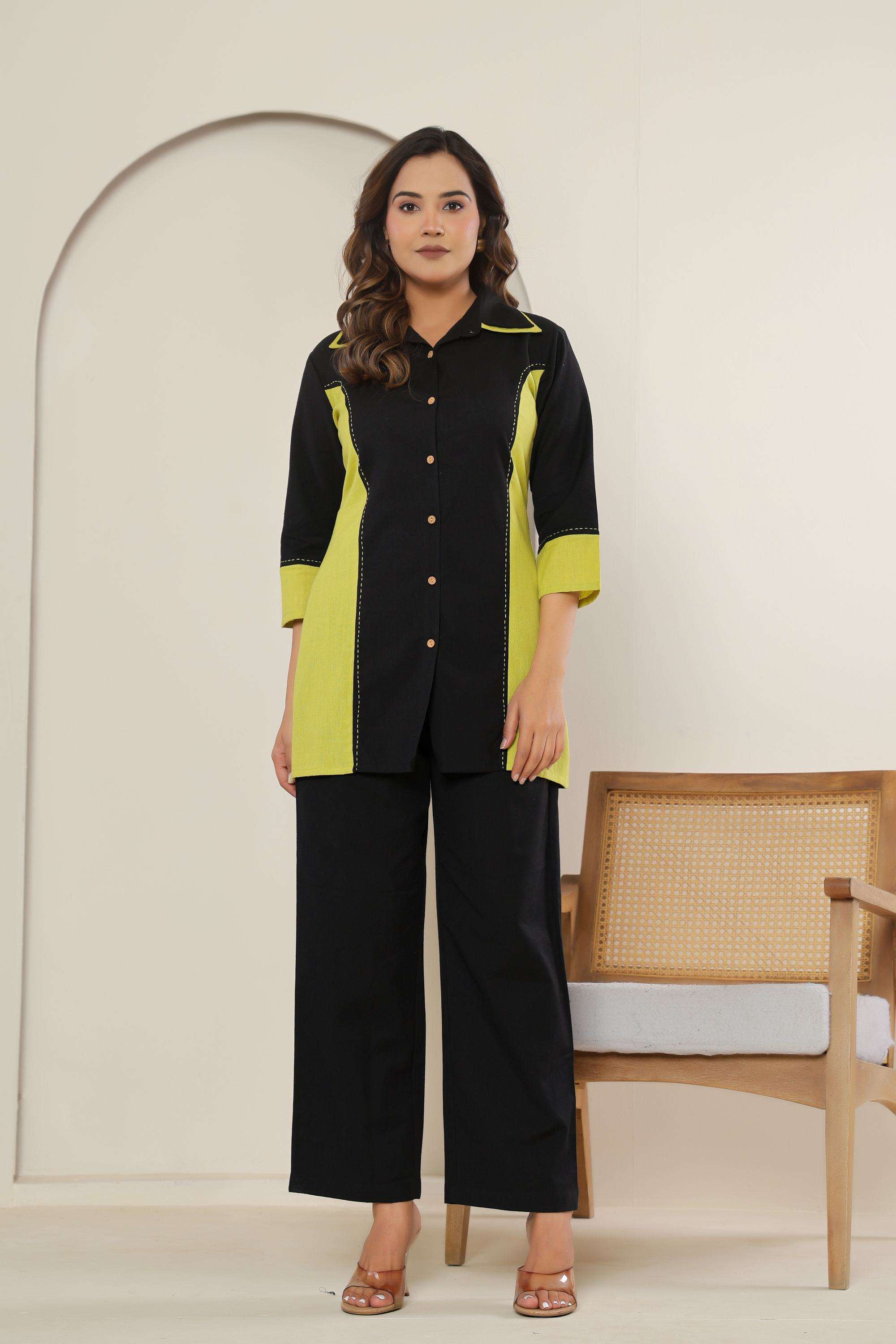 Color-Block-Collared-Blended-Fabric-Women-Tunic-with-Pant