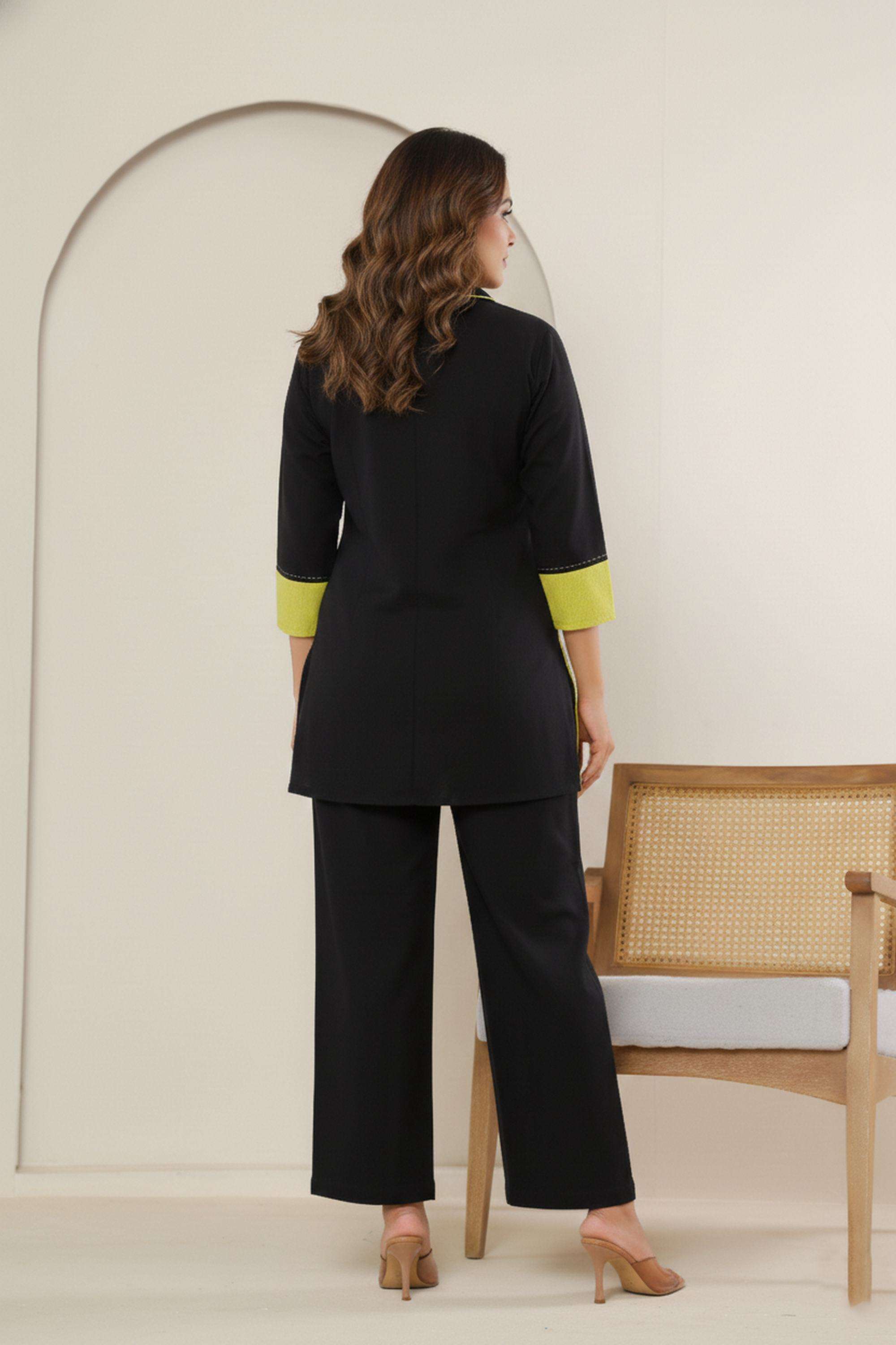 Color-Block-Collared-Blended-Fabric-Women-Tunic-with-Pant