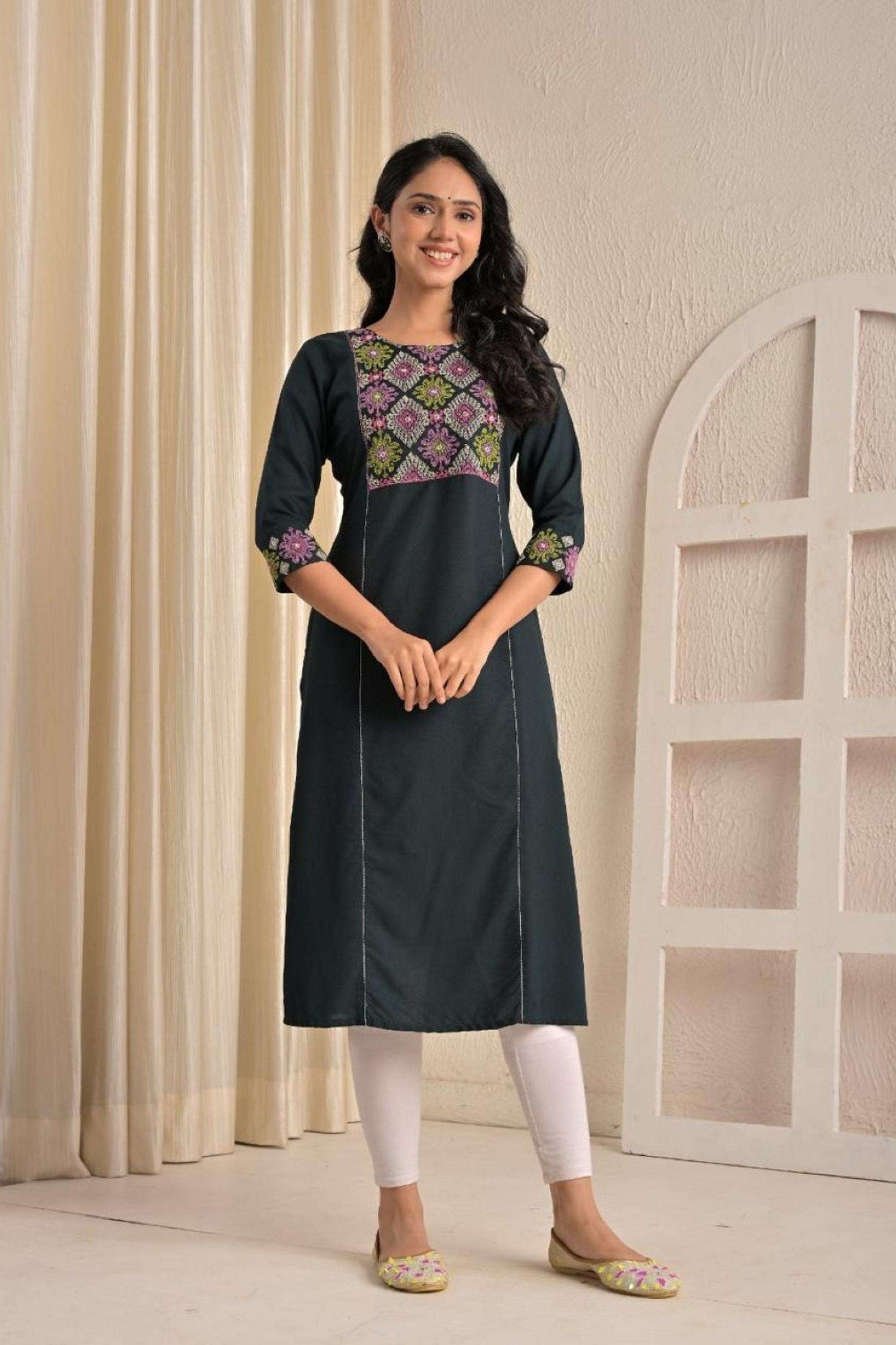 Embroidered-Rayon-Round-Neck-Women-Kurti