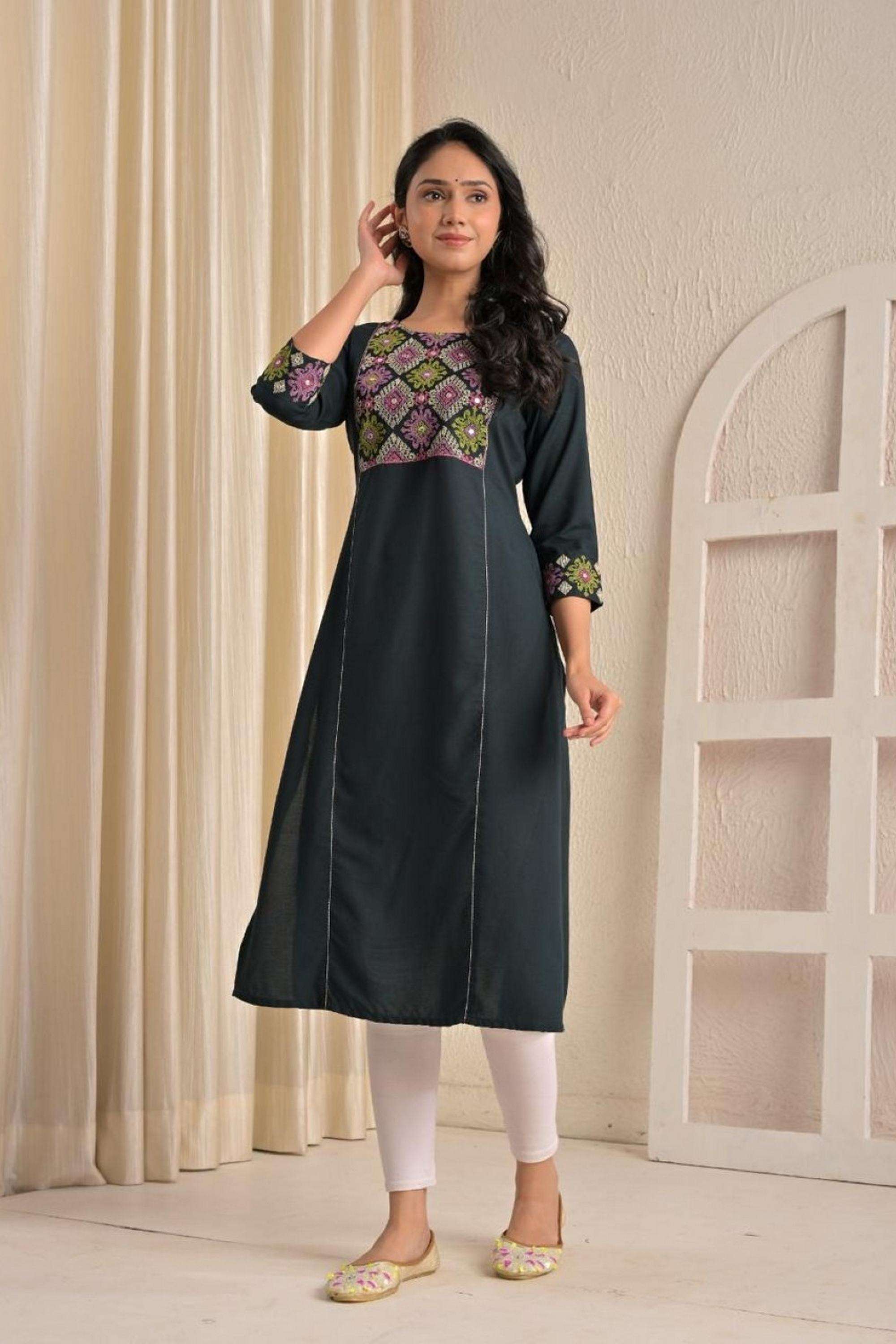 Embroidered-Rayon-Round-Neck-Women-Kurti