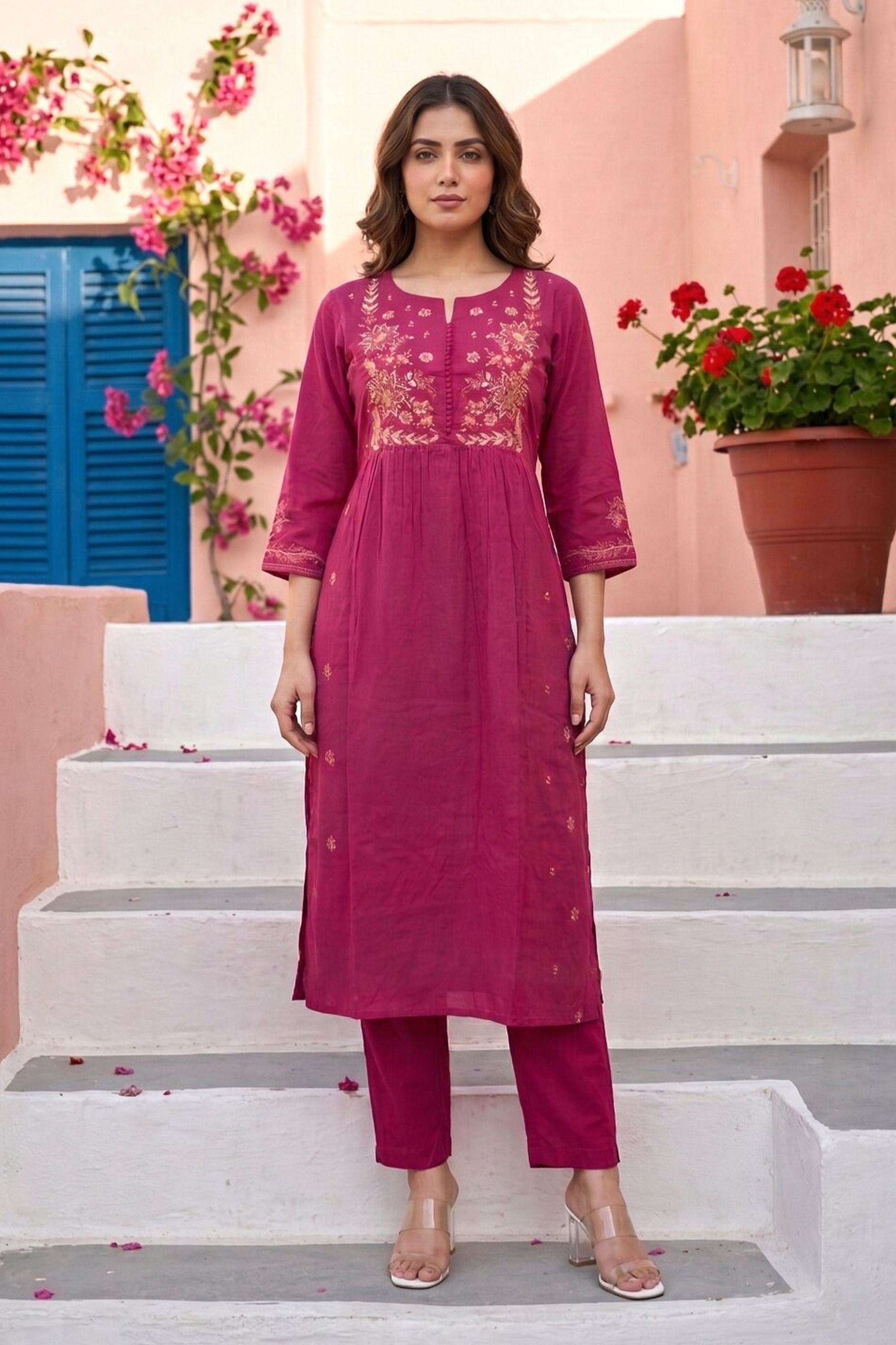 Embroidered-Rayon-Round-Neck-Women-Kurta-with-Pant