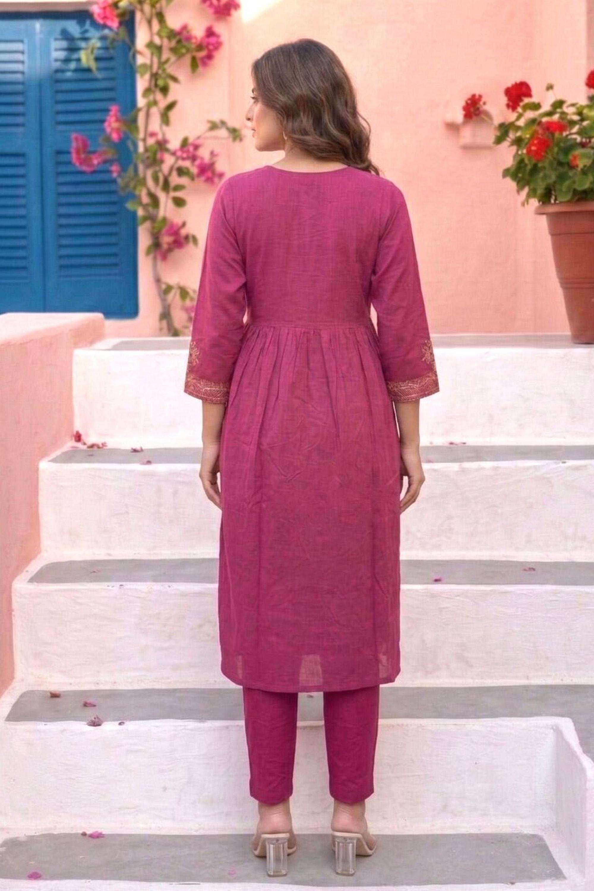 Embroidered-Rayon-Round-Neck-Women-Kurta-with-Pant