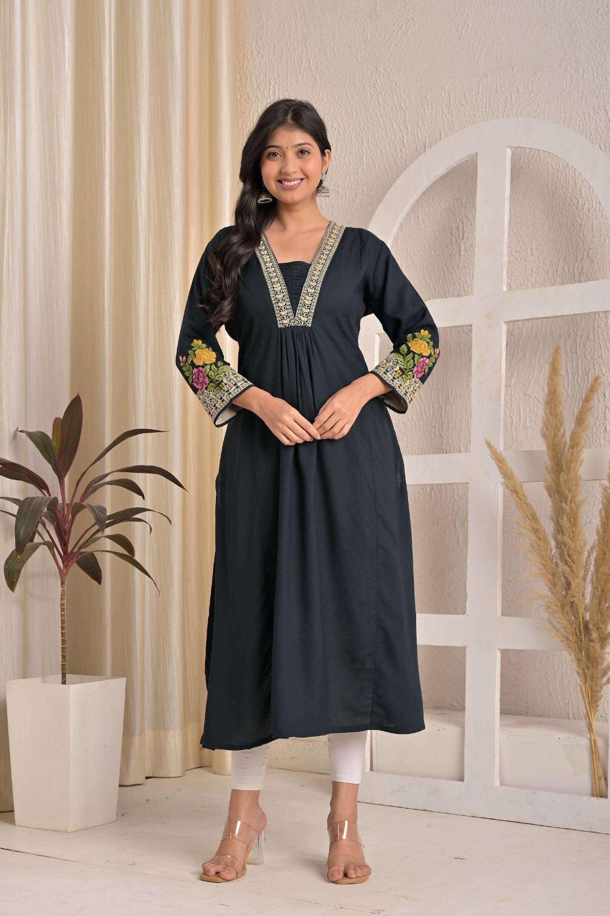 Embroidered-Rayon-V-Neck-Women-Kurta-with-Pant
