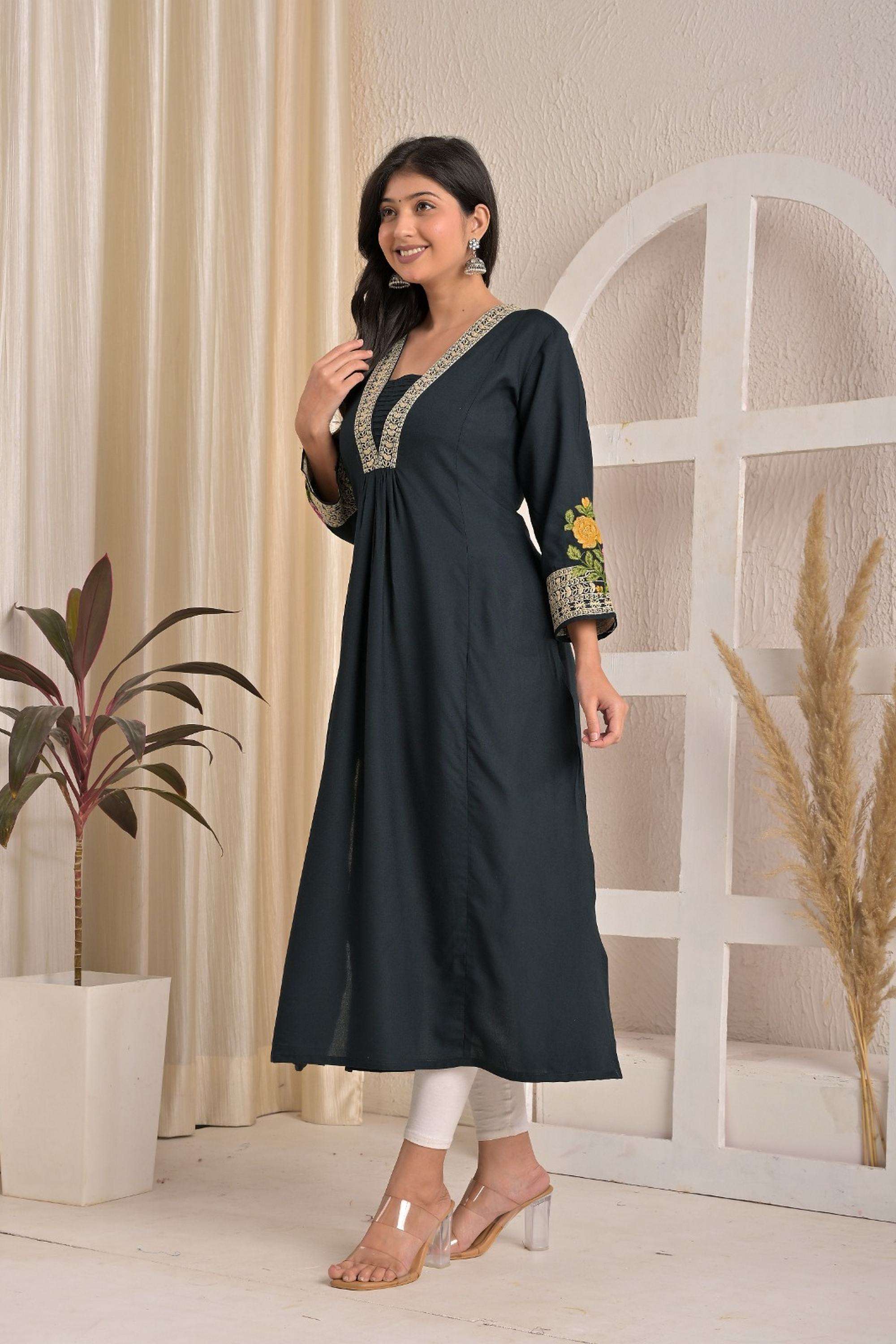 Embroidered-Rayon-V-Neck-Women-Kurta-with-Pant