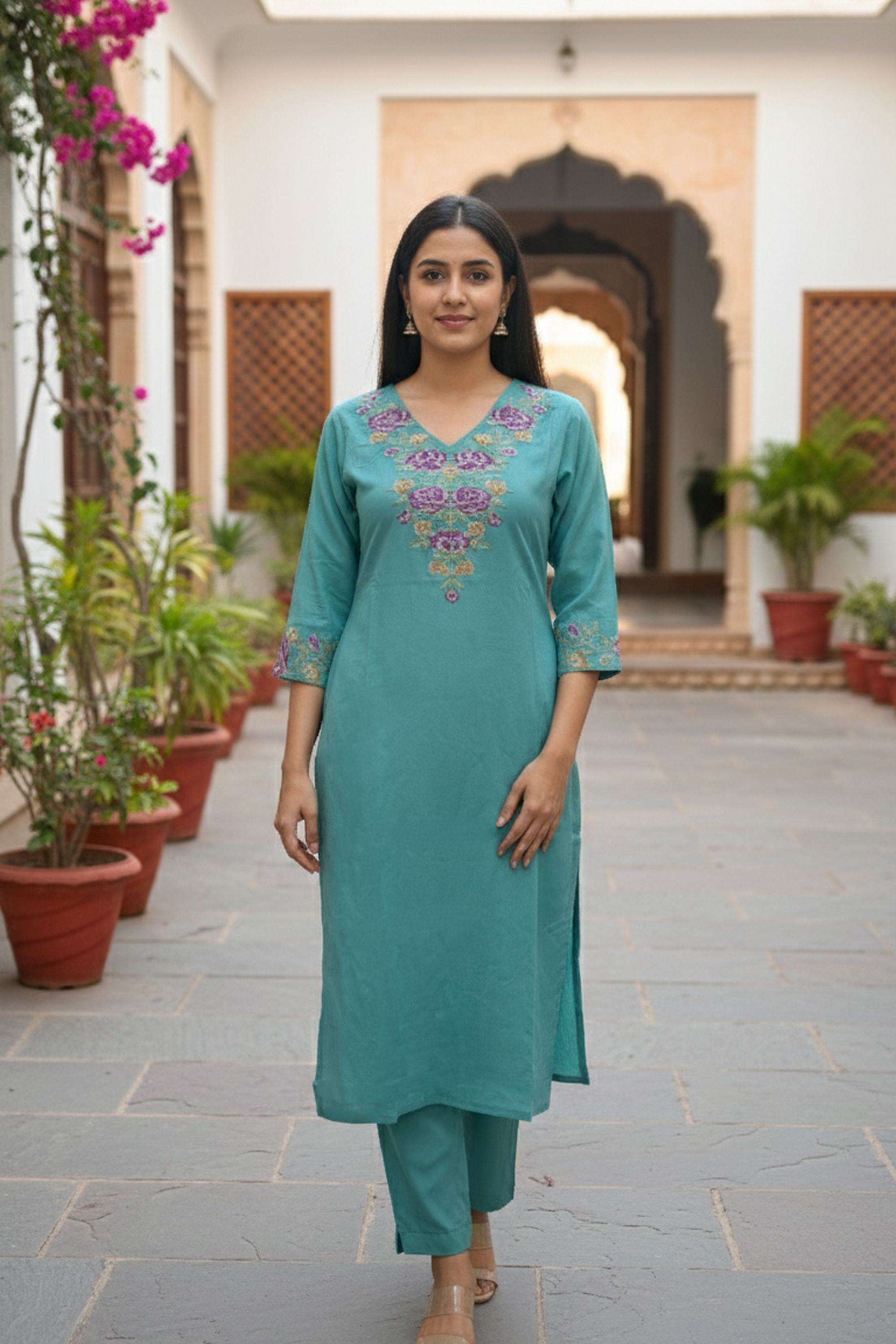 Embroidered-Rayon-V-Neck-Women-Kurta-with-Pant