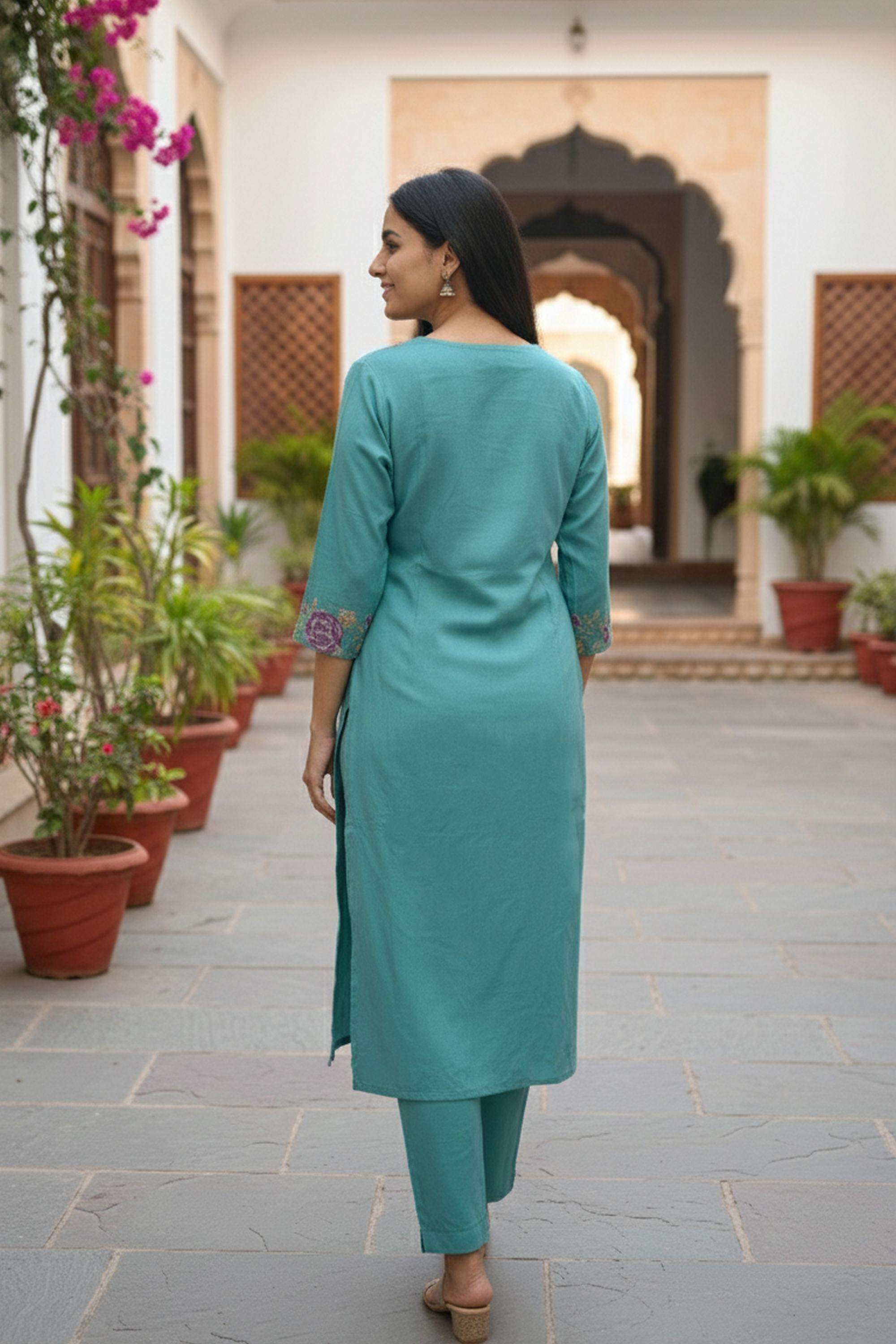 Embroidered-Rayon-V-Neck-Women-Kurta-with-Pant
