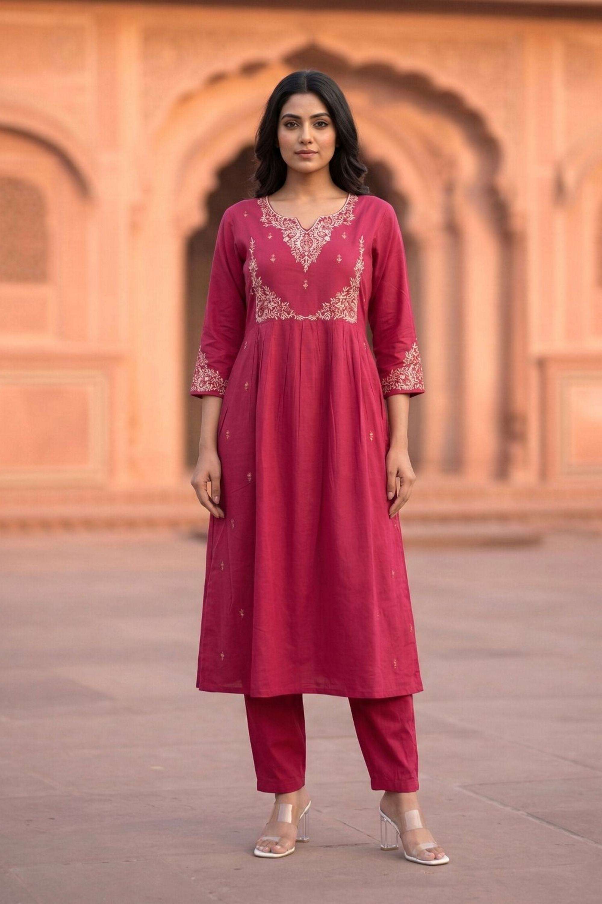 Embroidered-Rayon-Round-Neck-Women-Kurta-with-Pant