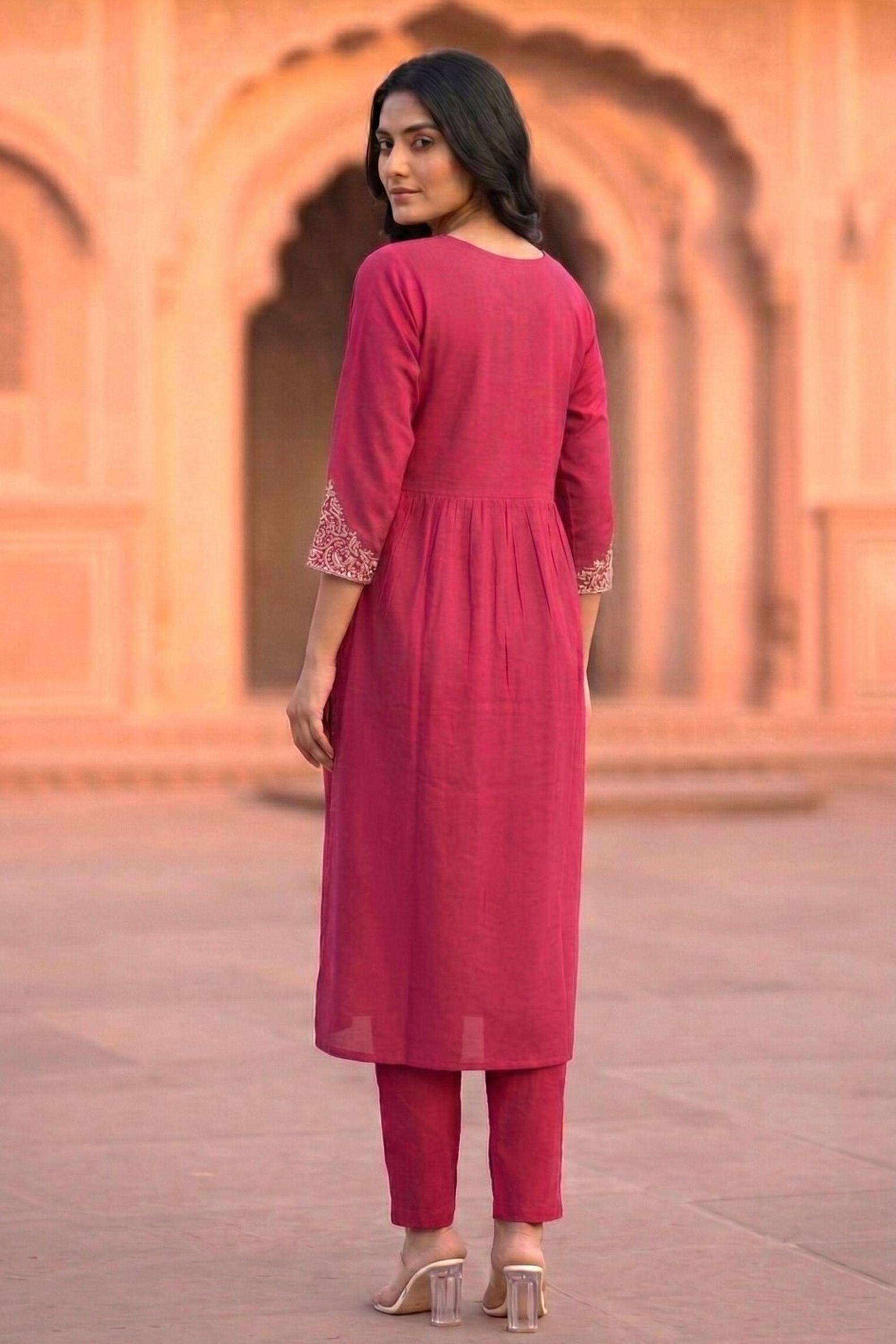 Embroidered-Rayon-Round-Neck-Women-Kurta-with-Pant