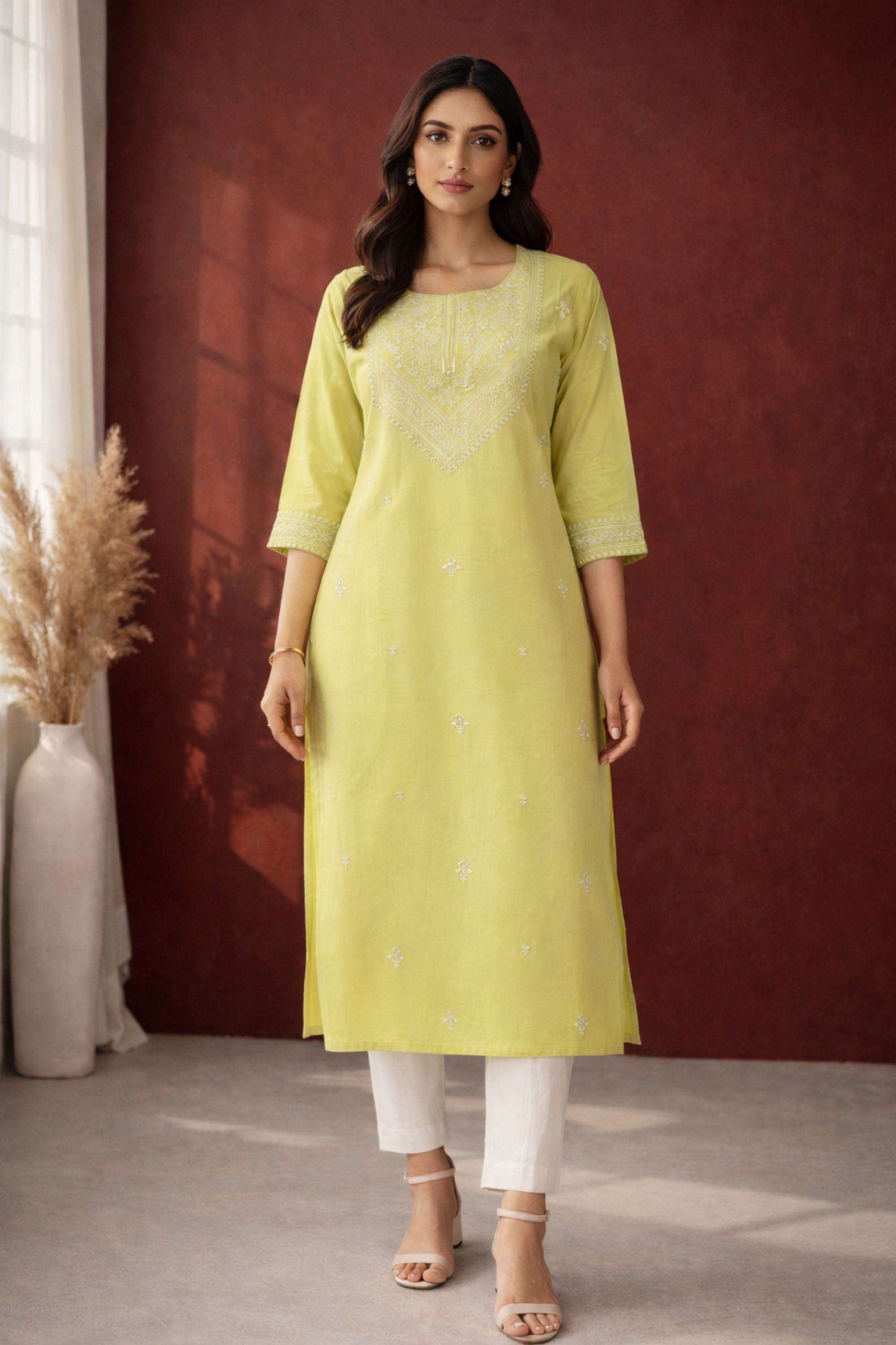 Embroidered-Blended-Fabric-Round-Neck-Women-Festive-Wear-Kurta
