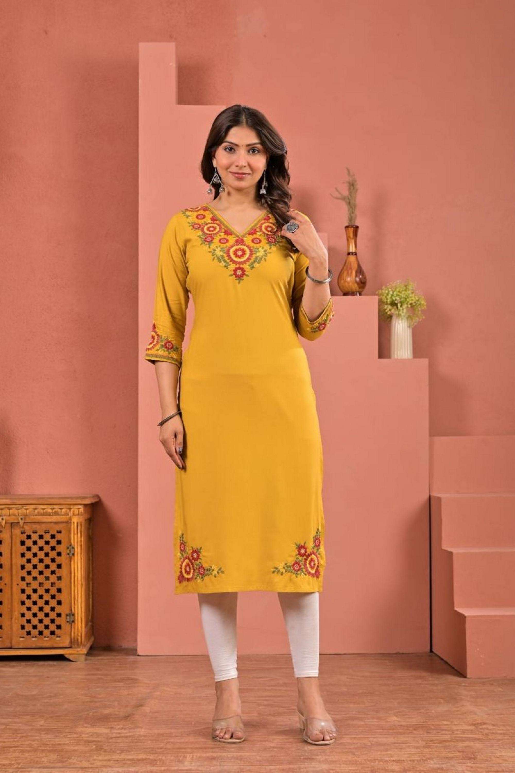 Embroidered-Rayon-V-Neck-Women-Kurti