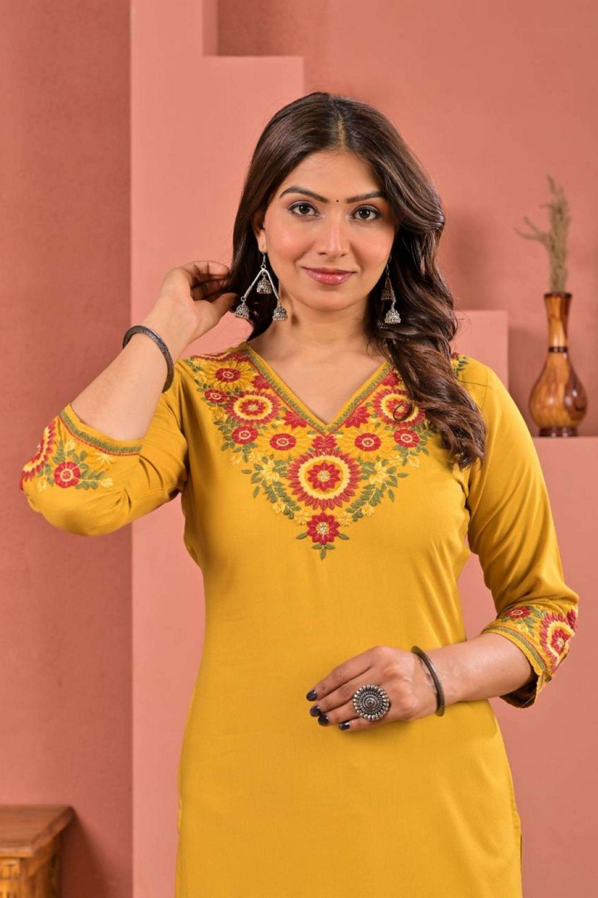 Buy Autumn Lane yellow Embroidered Rayon V-Neck Women Kurti