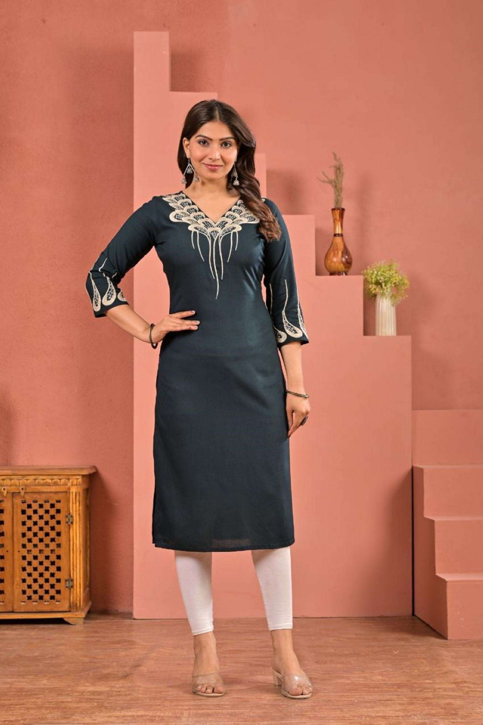 Embroidered-Rayon-V-Neck-Women-Kurti